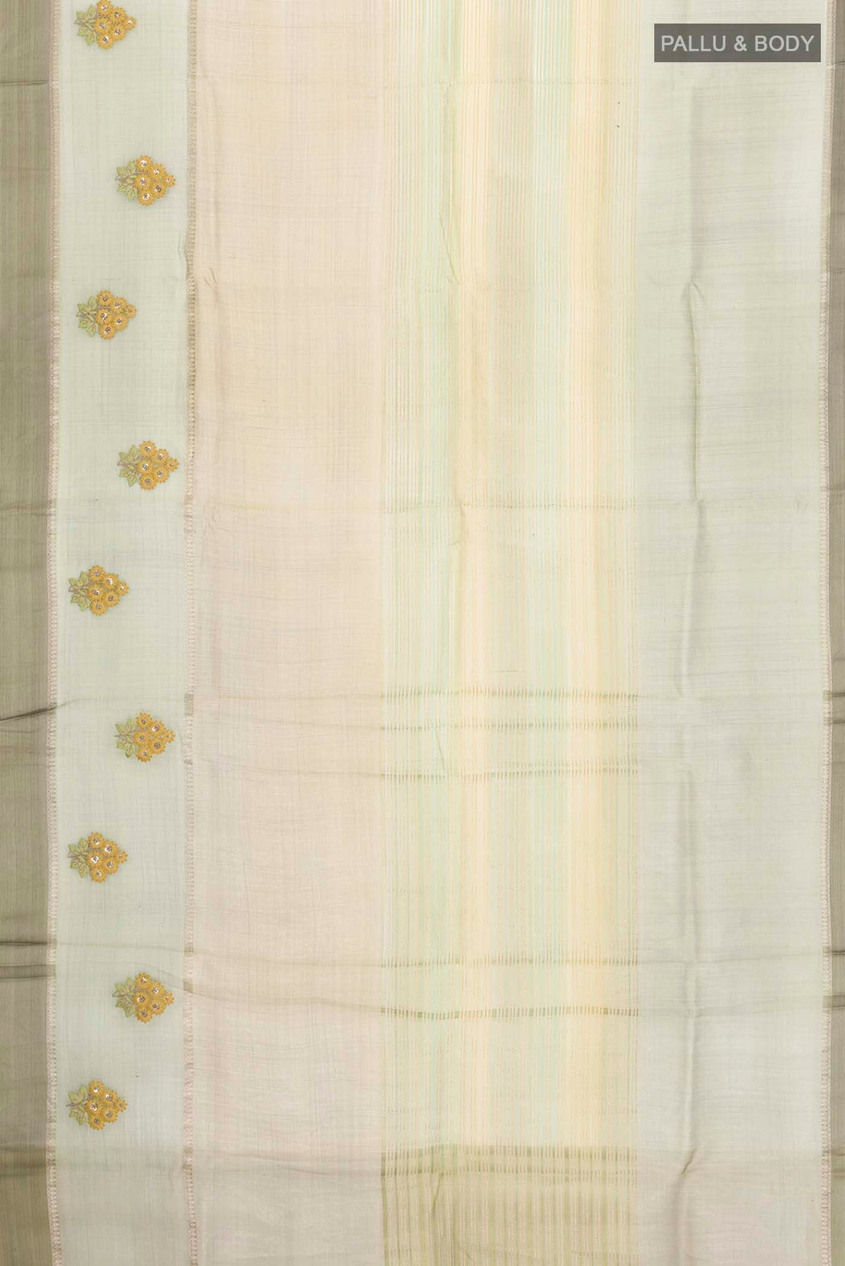 Flat view of Green Tussar Silk Saree with Stripes on the body and Satin Border