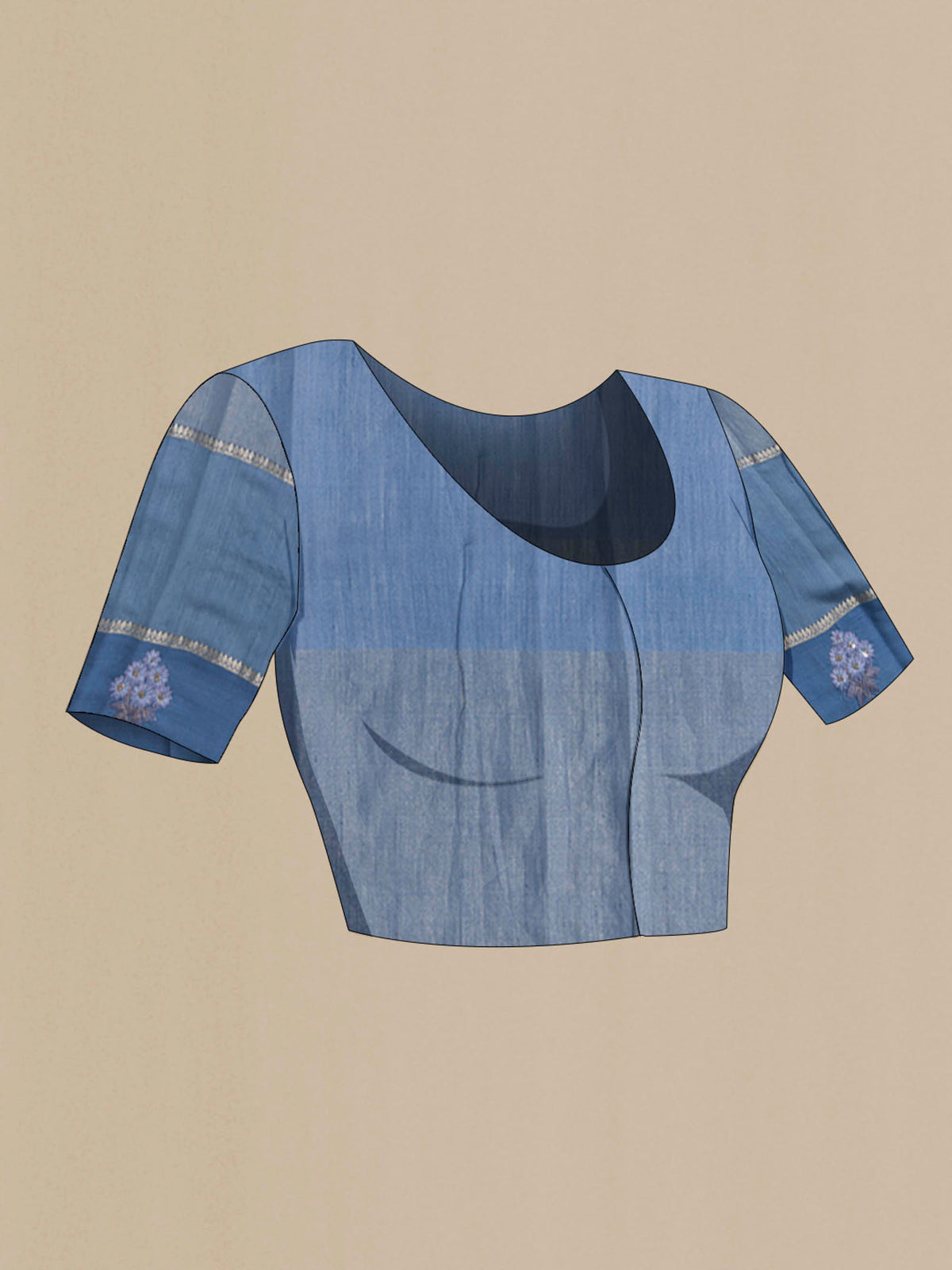 Close up image of the blouse of Blue Tussar Silk Saree with Stripes on the body and Zari Border