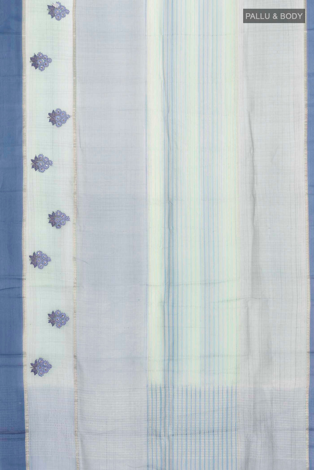 Flat view of Blue Tussar Silk Saree with Stripes on the body and Zari Border