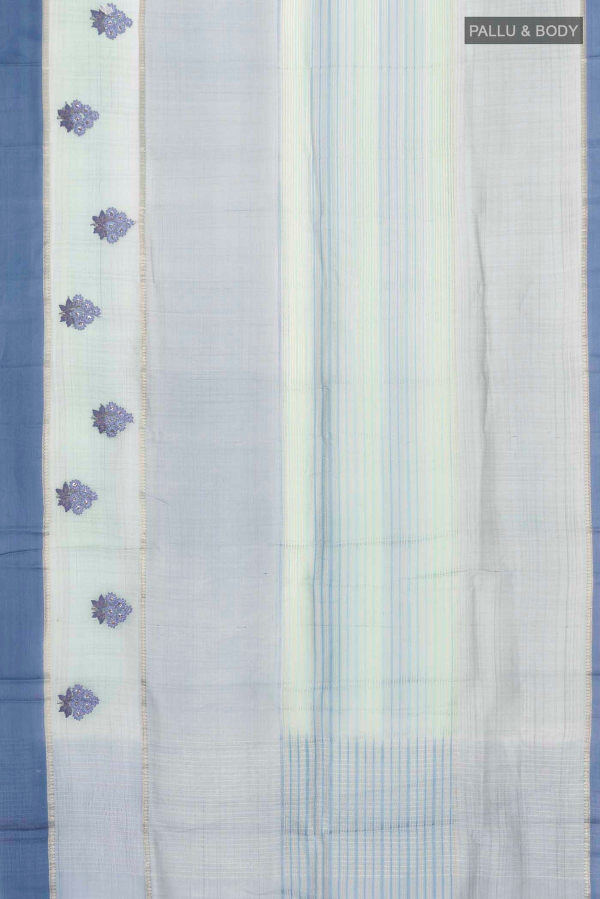 Flat view of Blue Tussar Silk Saree with Stripes on the body and Zari Border