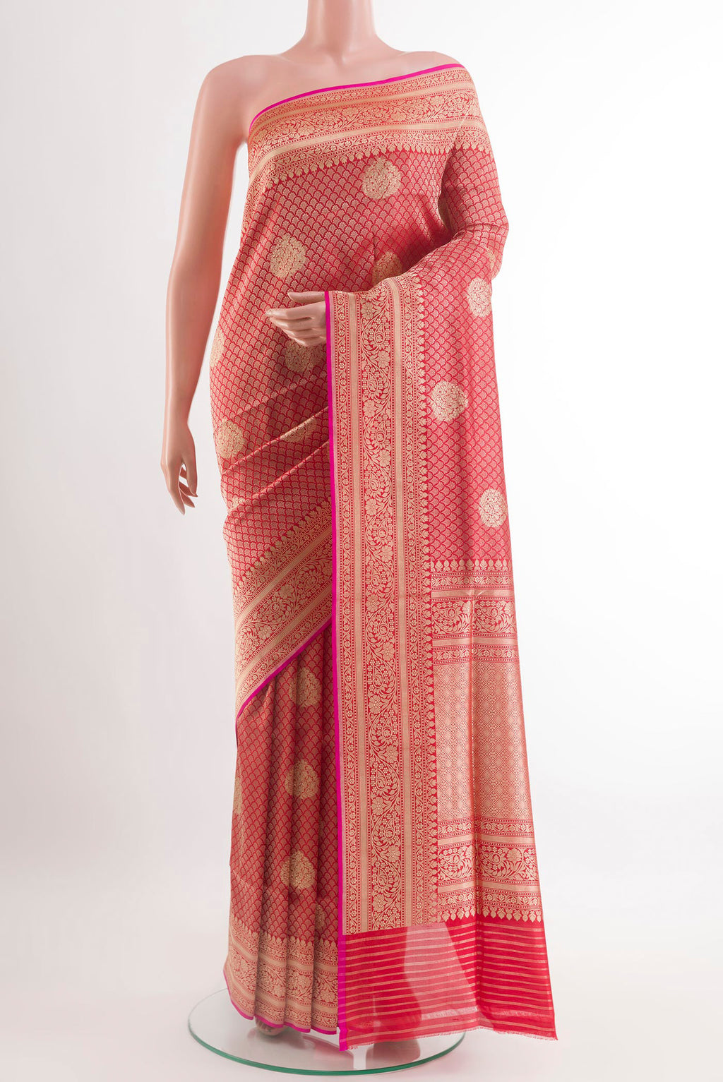 Red Banarasi Silk Saree with Zari Brocade on the body and Zari Border.  displayed on a mannequin