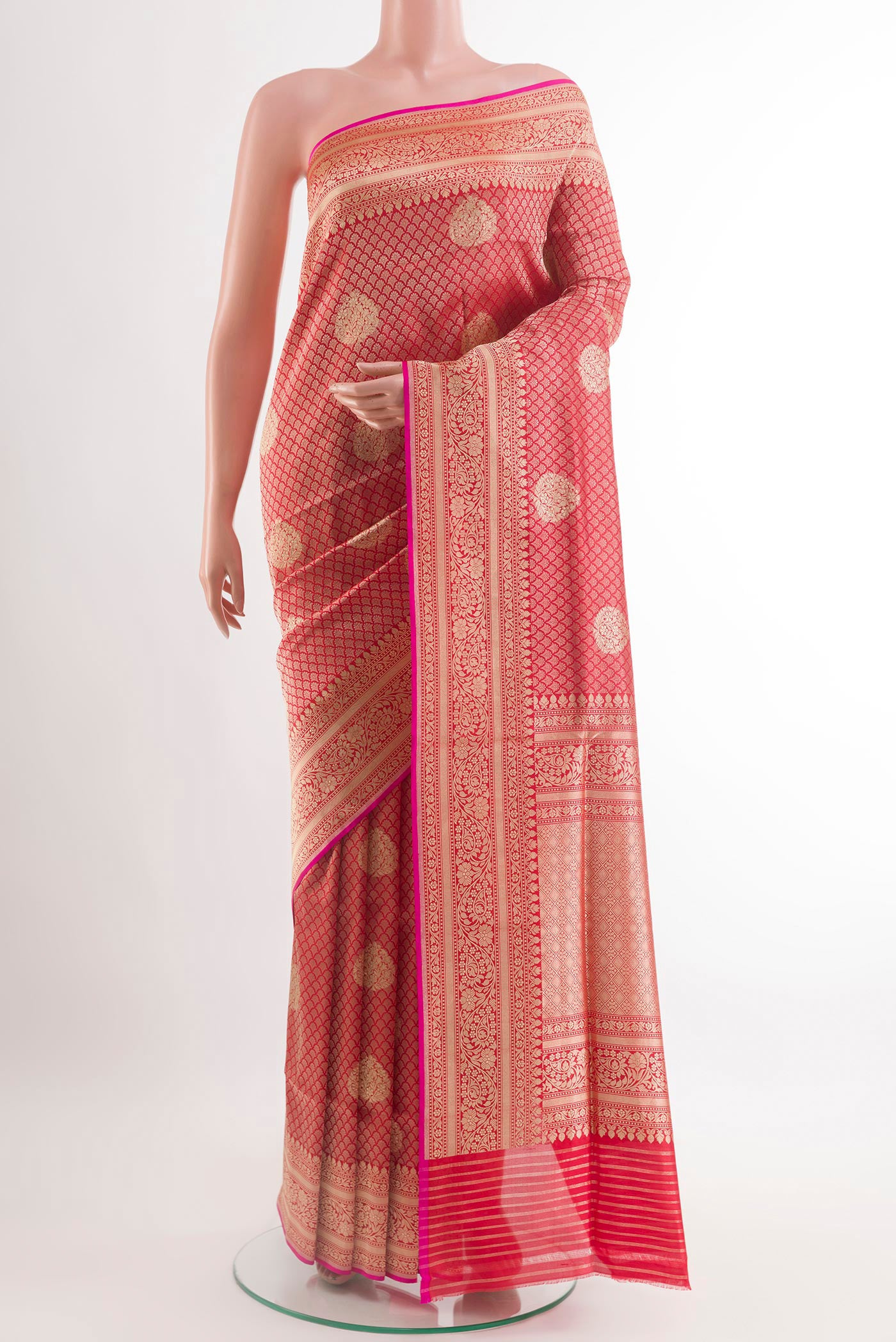 Red Banarasi Silk Saree with Zari Brocade on the body and Zari Border.  displayed on a mannequin