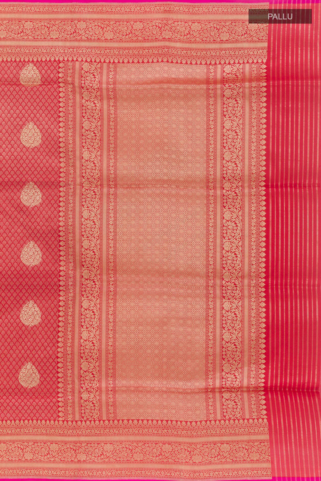 Close up image of the pallu of Red Banarasi Silk Saree with Zari Brocade on the body and Zari Border. 