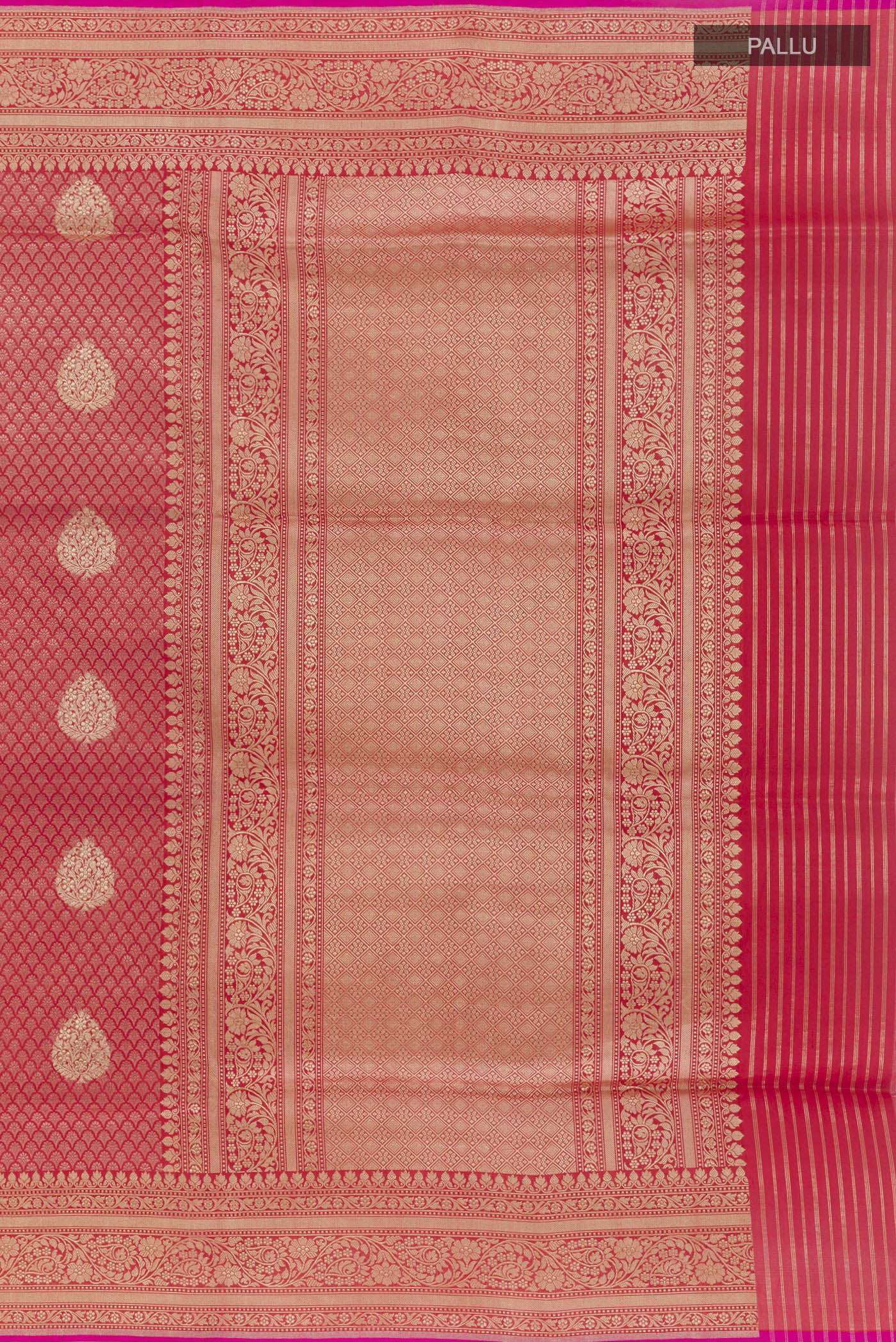 Close up image of the pallu of Red Banarasi Silk Saree with Zari Brocade on the body and Zari Border. 