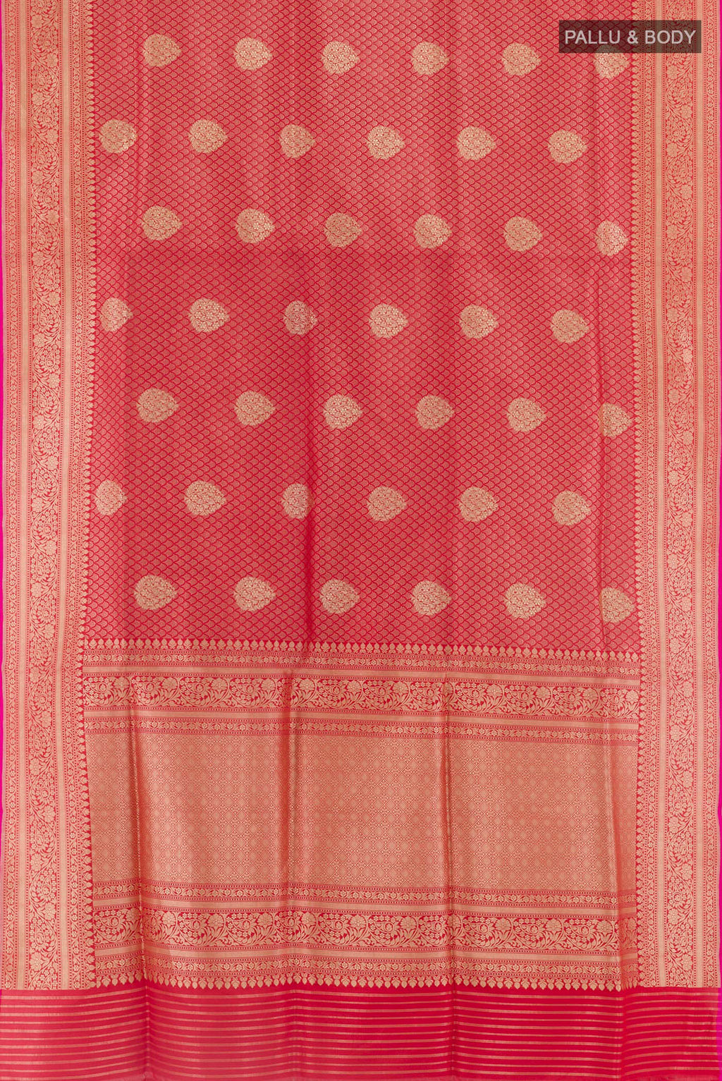 Flat view of Red Banarasi Silk Saree with Zari Brocade on the body and Zari Border. 