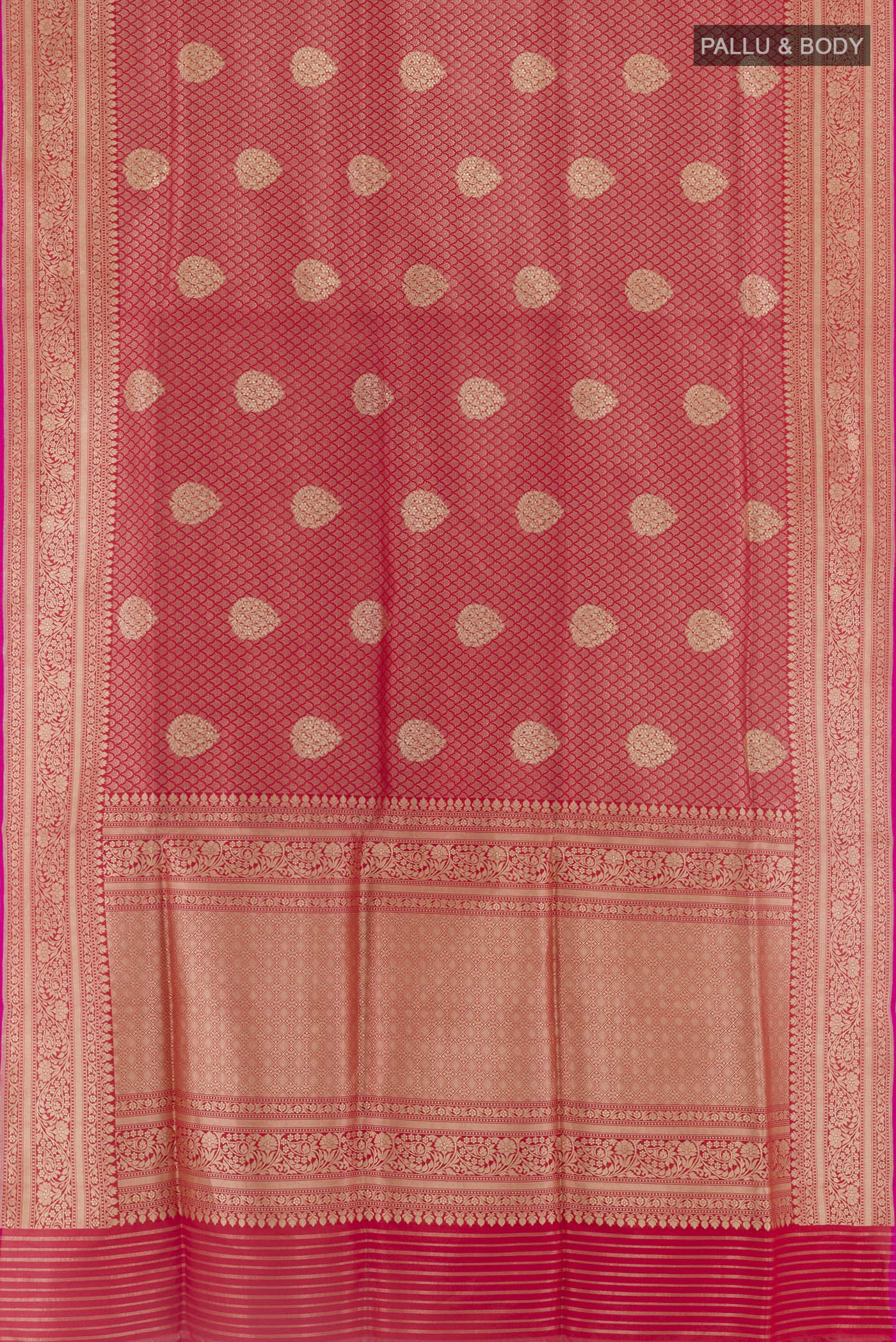 Flat view of Red Banarasi Silk Saree with Zari Brocade on the body and Zari Border. 