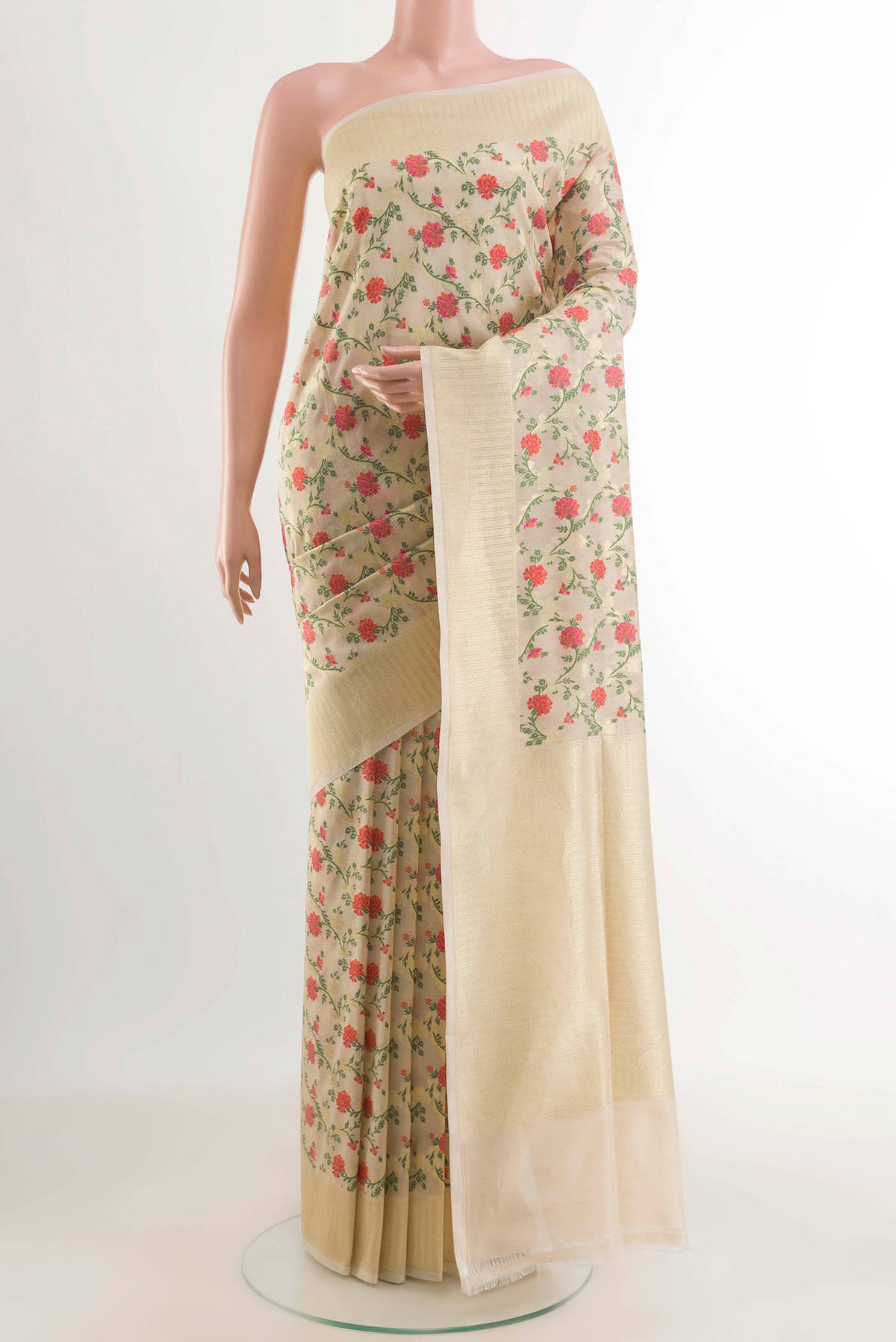 Off White Banarasi Silk Saree with Jacquard With Zari Butta on the body and Zari Border displayed on a mannequin
