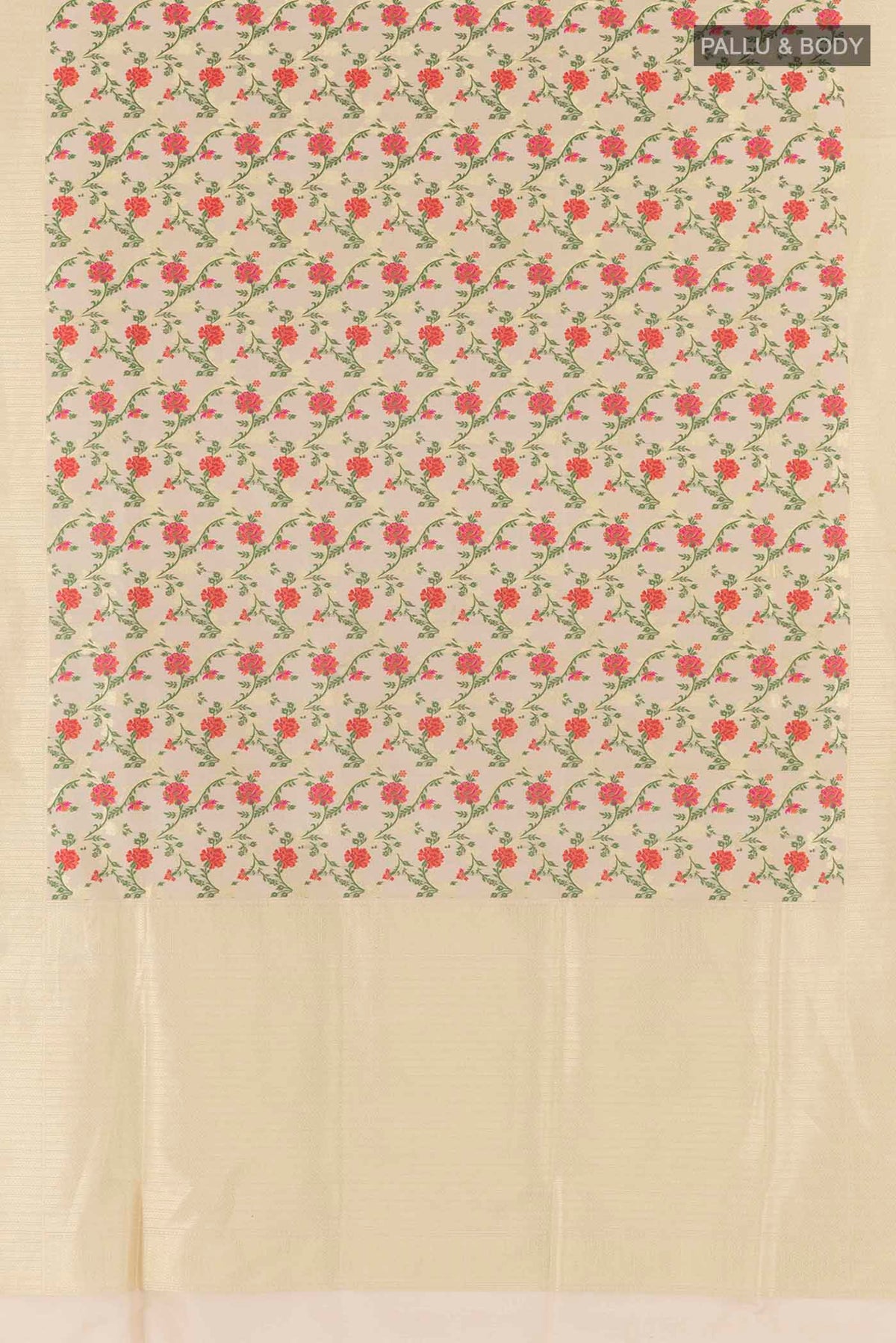 Flat view of Off White Banarasi Silk Saree with Jacquard With Zari Butta on the body and Zari Border