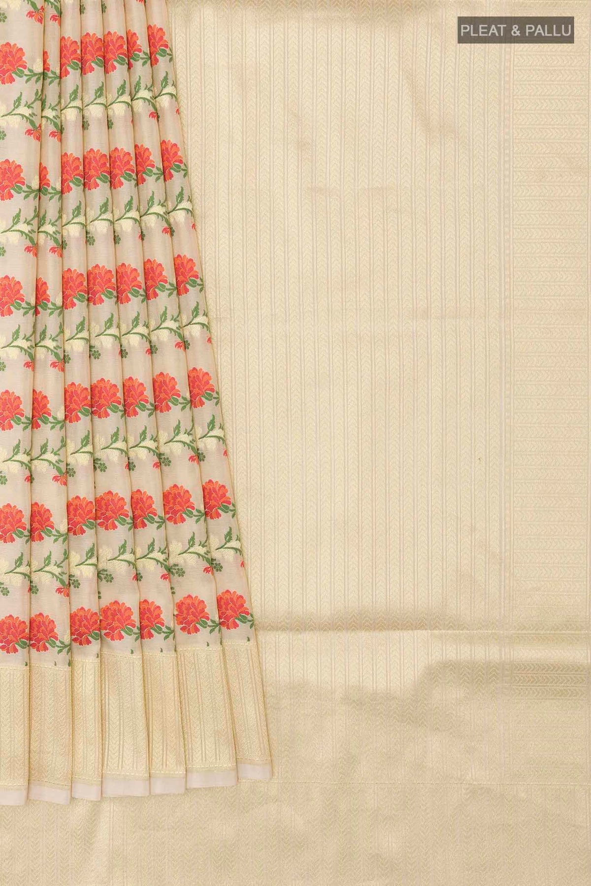 Pleats and pallu of Off White Banarasi Silk Saree with Jacquard With Zari Butta on the body and Zari Border