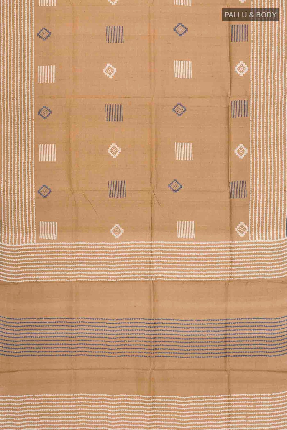 Flat view of Brown Tussar Silk Saree with Checked design on the body and Plain Border