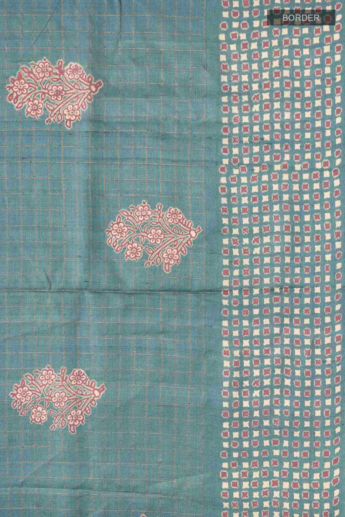 Border image of Blue Tussar Silk Saree with Checked design on the body and Printed Border