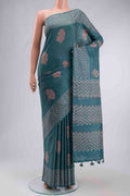 Blue Tussar Silk Saree with Checked design on the body and Printed Border displayed on a mannequin