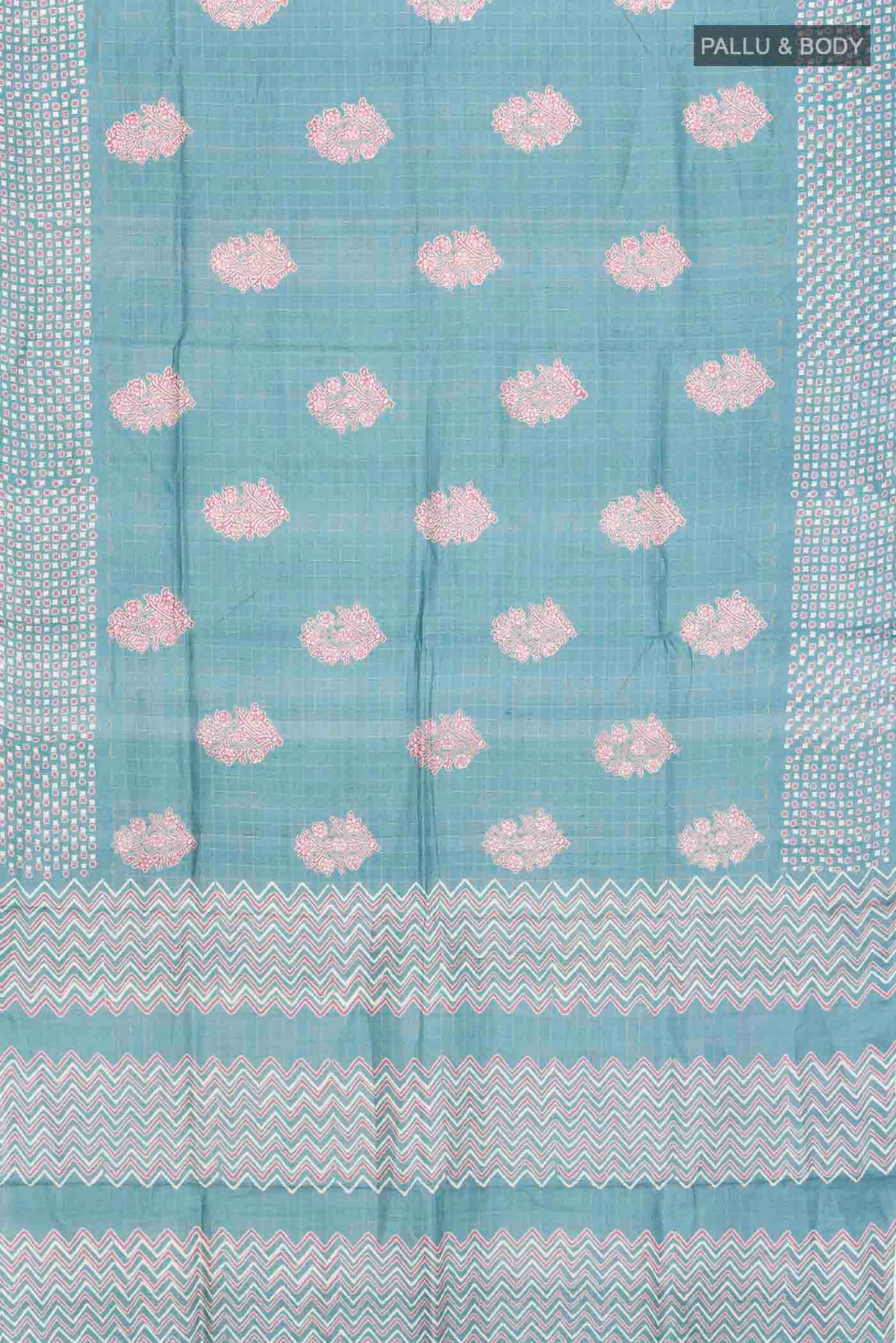 Flat view of Blue Tussar Silk Saree with Checked design on the body and Printed Border
