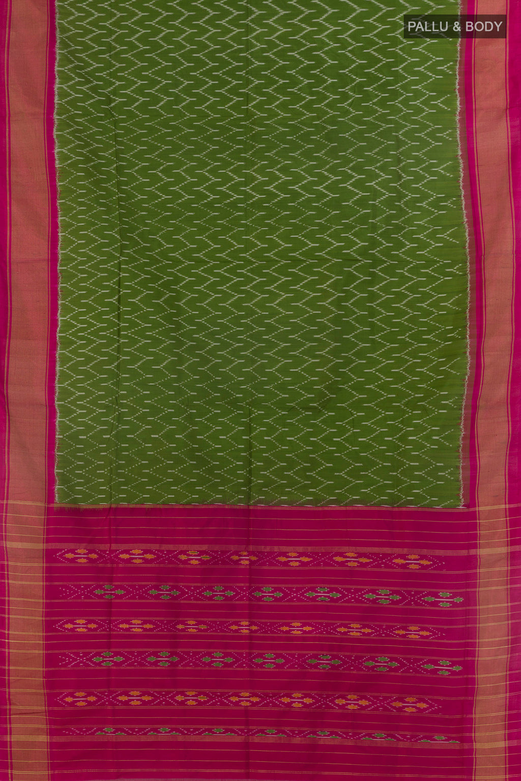 Flat view of Green Pochampally Silk Saree with Pure Ikat on the body and Zari Border. 
