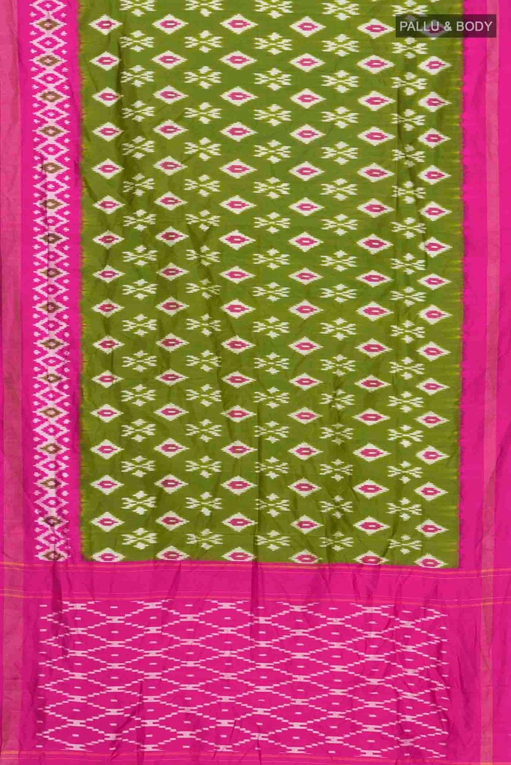 Flat view of Green Pochampally Silk Saree with Ikat design on the body and Zari Border