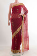 Maroon Chanderi Silk Cotton Saree with Zari Butta on the body and Zari Border displayed on a mannequin