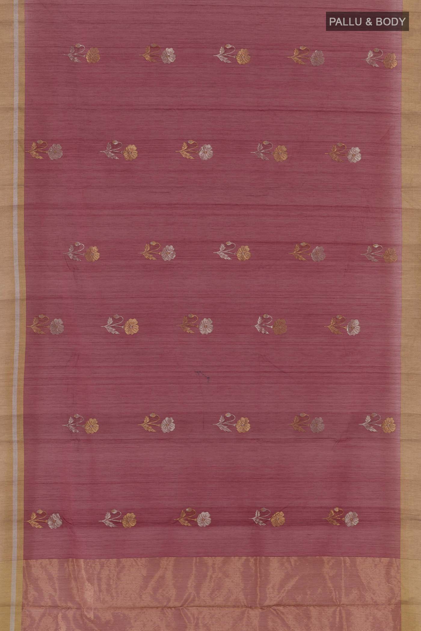 Flat view of Maroon Chanderi Silk Cotton Saree with Zari Butta on the body and Zari Border