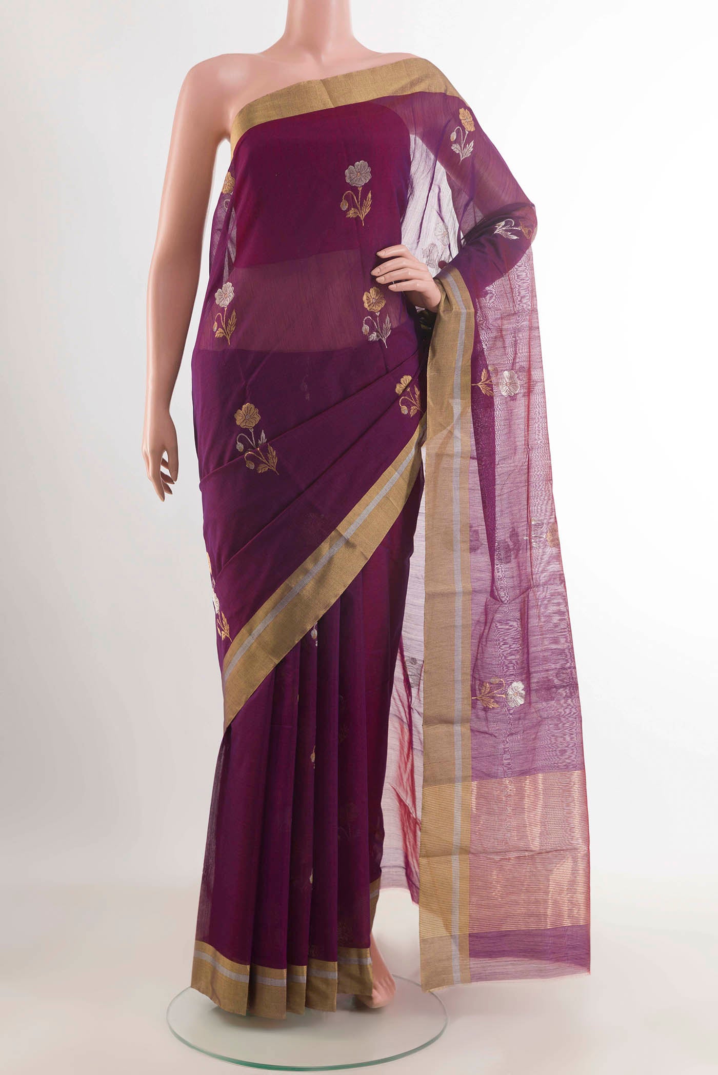 Purple Chanderi Silk Cotton Saree with Zari Butta on the body and Zari Border displayed on a mannequin
