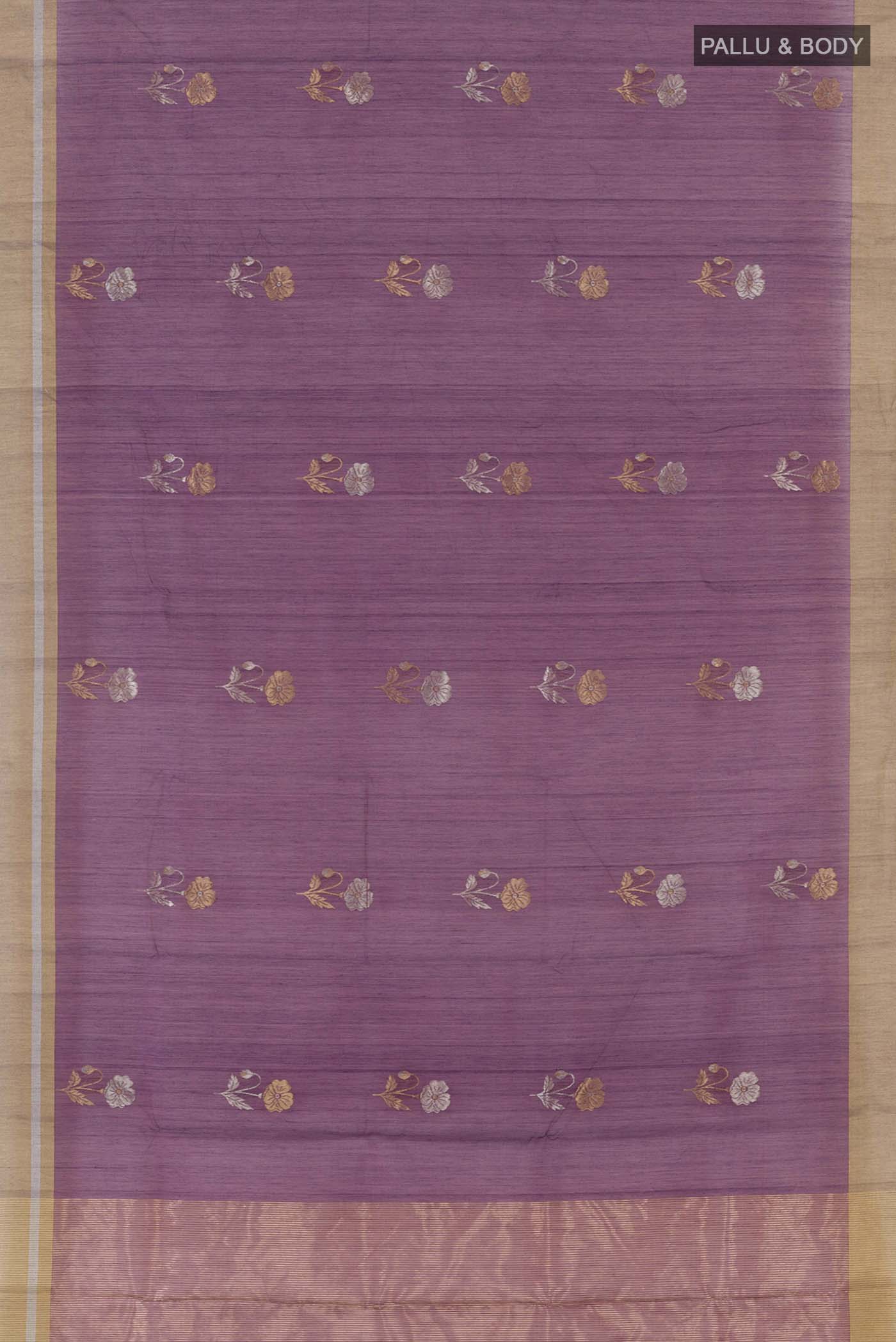 Flat view of Purple Chanderi Silk Cotton Saree with Zari Butta on the body and Zari Border