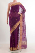 Purple Chanderi Silk Cotton Saree with Zari Butta on the body and Zari Border displayed on a mannequin