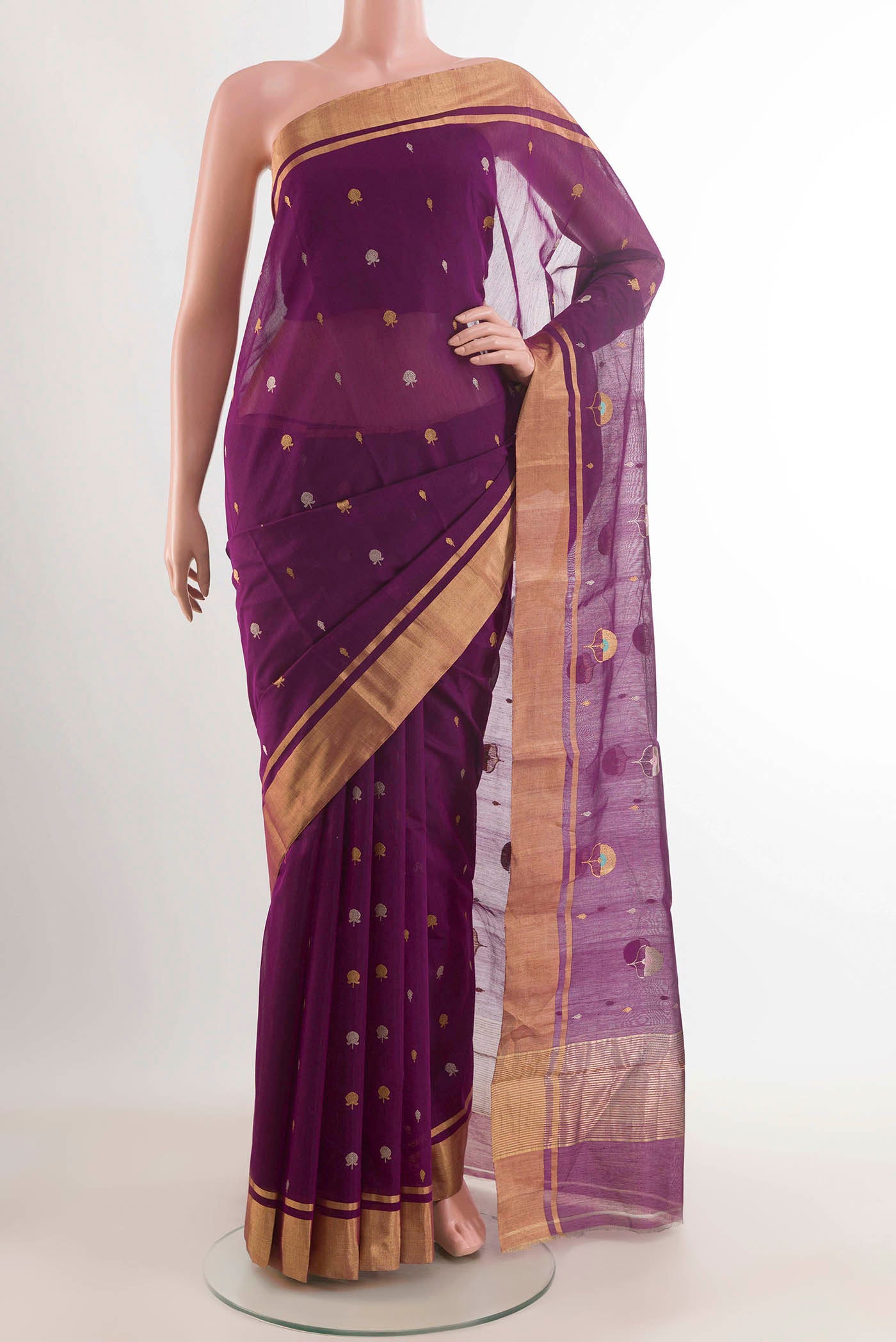Purple Chanderi Silk Cotton Saree with Zari Butta on the body and Zari Border displayed on a mannequin