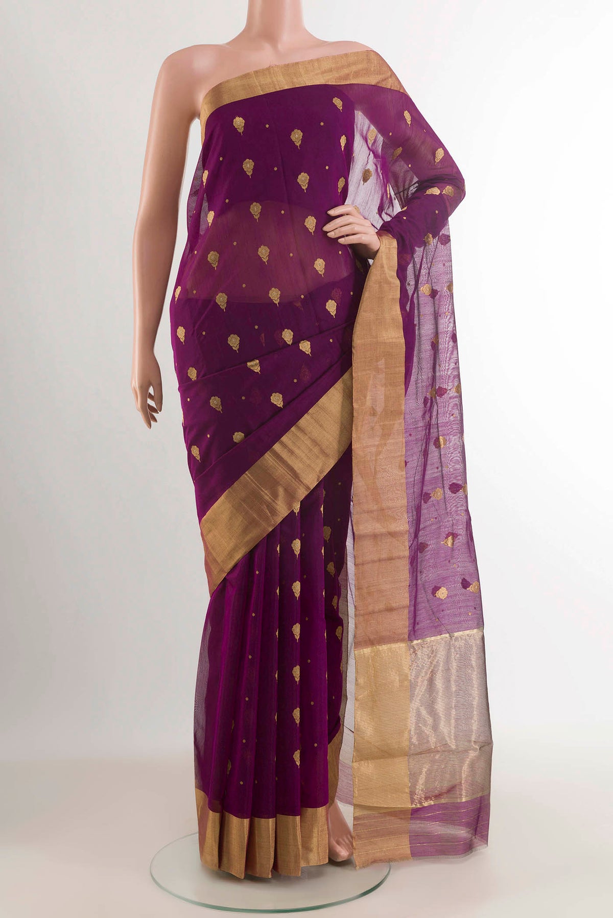 Purple Chanderi Silk Saree with Zari Butta on the body and Zari Border displayed on a mannequin
