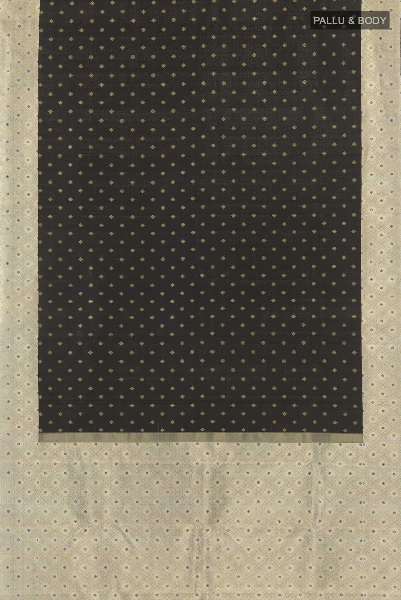 Flat view of Black Kanchipuram Silk Saree with Zari Butta on the body and Zari Border
