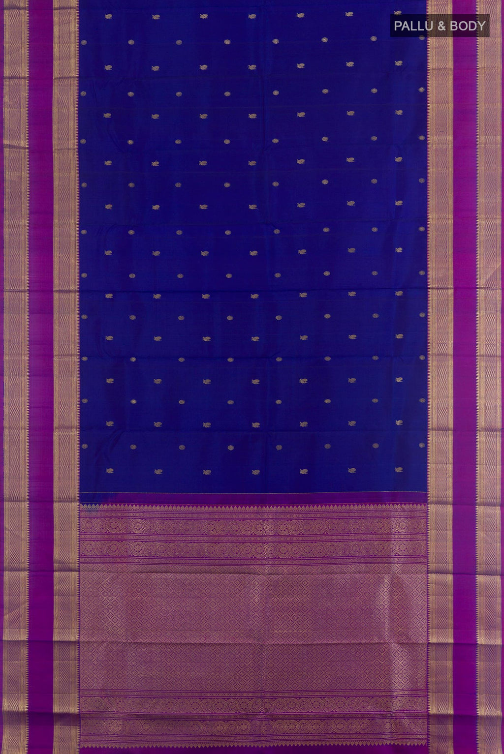 Flat view of Blue Kanchipuram Silk Saree with Zari Butta on the body and Zari Border. 
