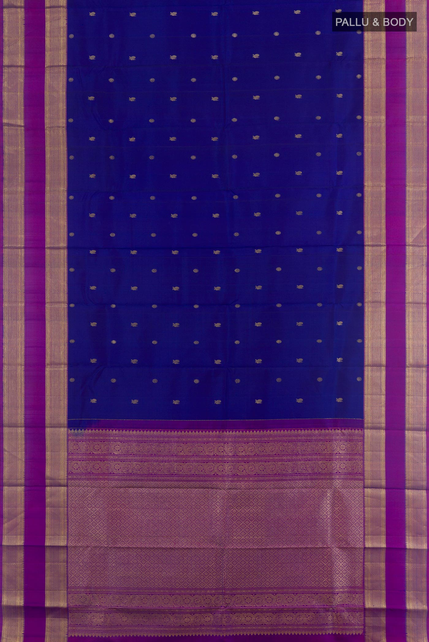 Flat view of Blue Kanchipuram Silk Saree with Zari Butta on the body and Zari Border. 