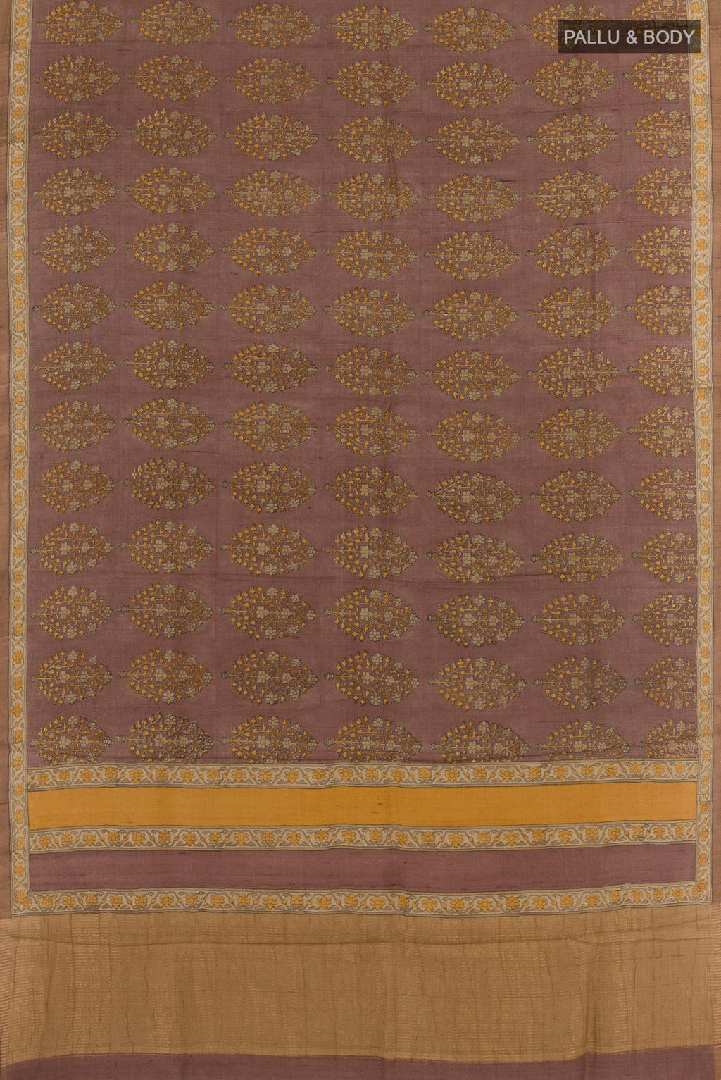 Flat view of Multi Color Tussar Silk Saree with Printed design on the body and Printed Border. 