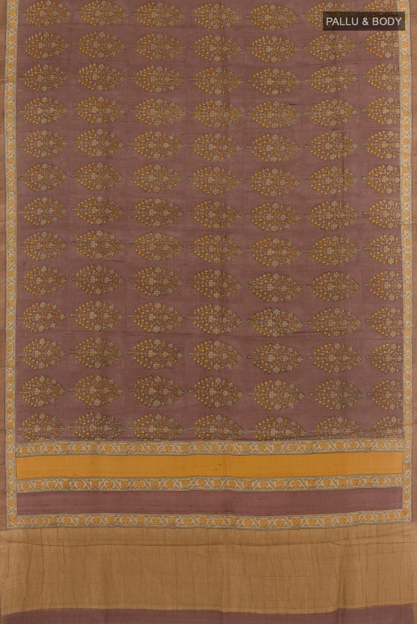 Flat view of Multi Color Tussar Silk Saree with Printed design on the body and Printed Border. 