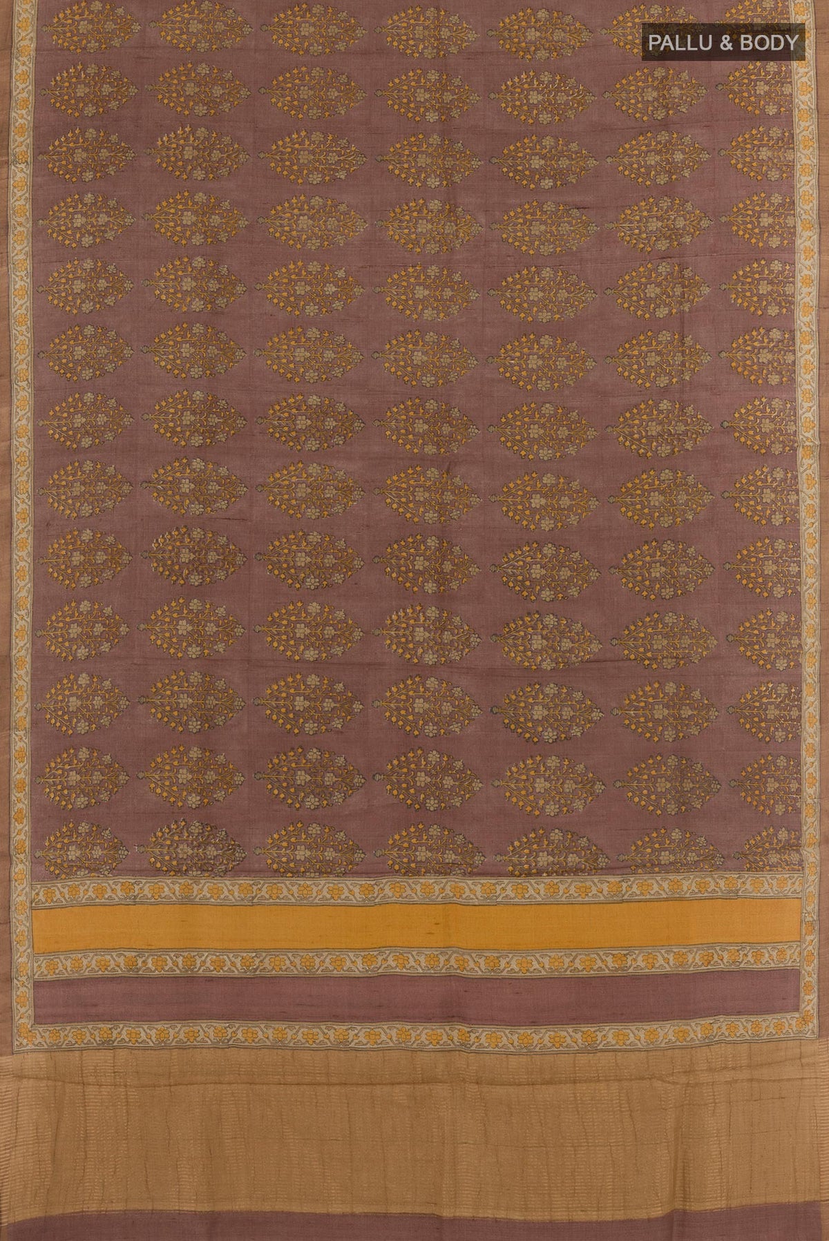 Flat view of Multi Color Tussar Silk Saree with Printed design on the body and Printed Border. 