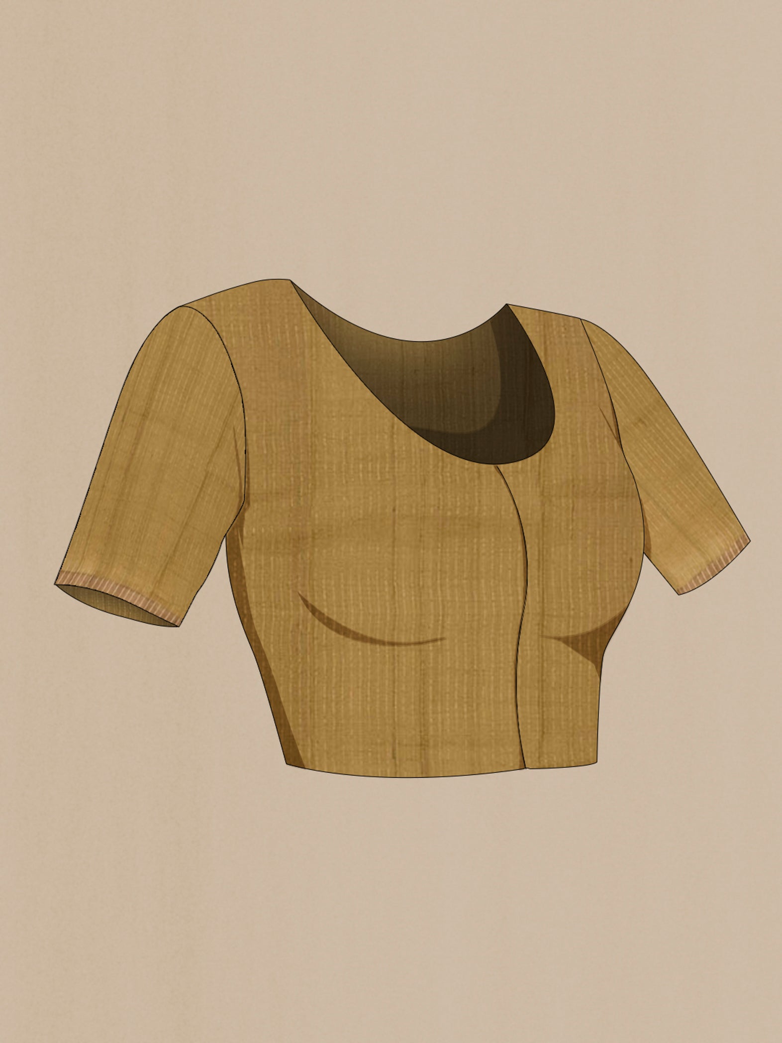 Close up image of the blouse of Beige Tussar Saree with Printed design on the body and Zari Border. 