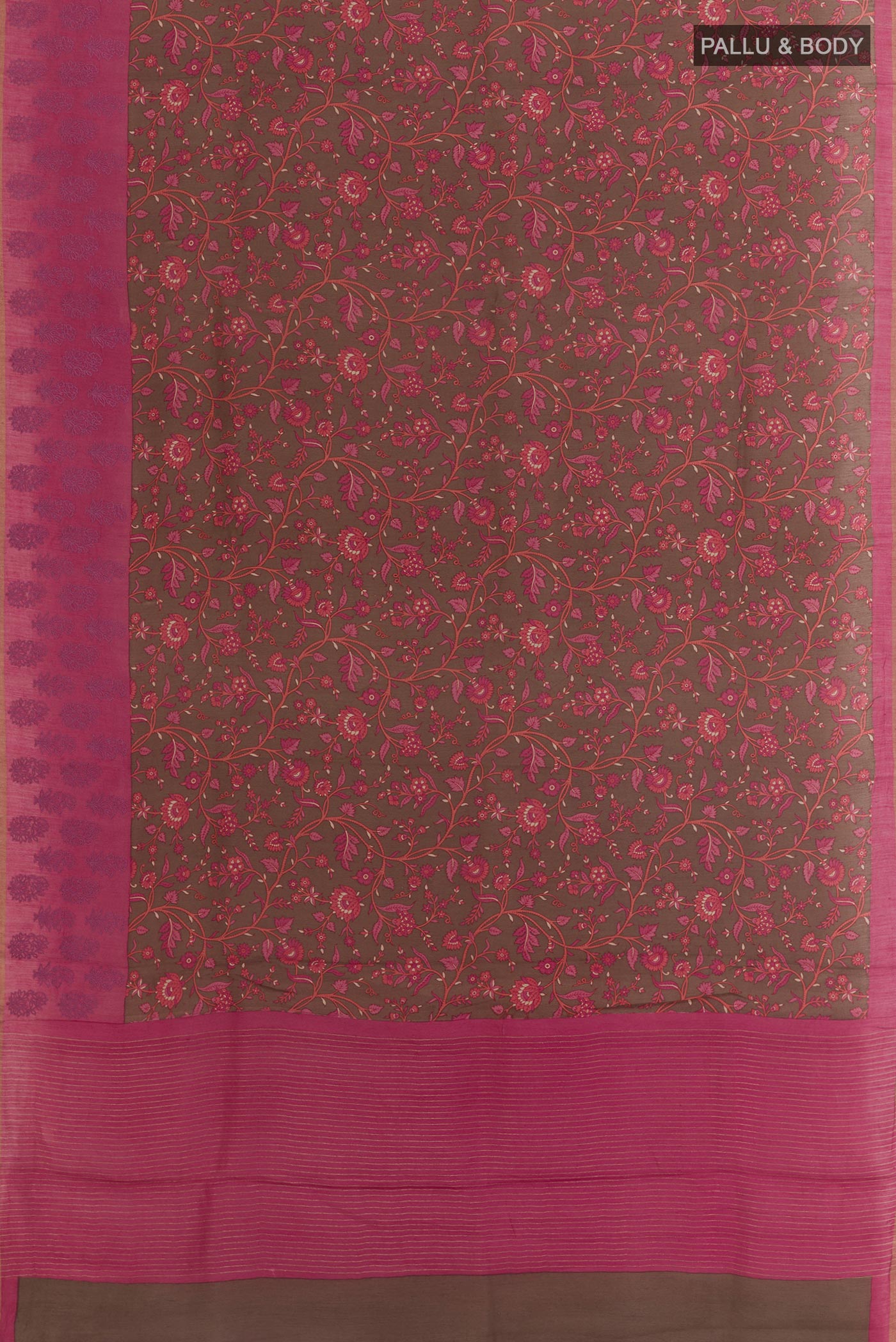 Flat view of Dark Beige Tussar Silk Saree with Printed design on the body and Embroidery Border. 