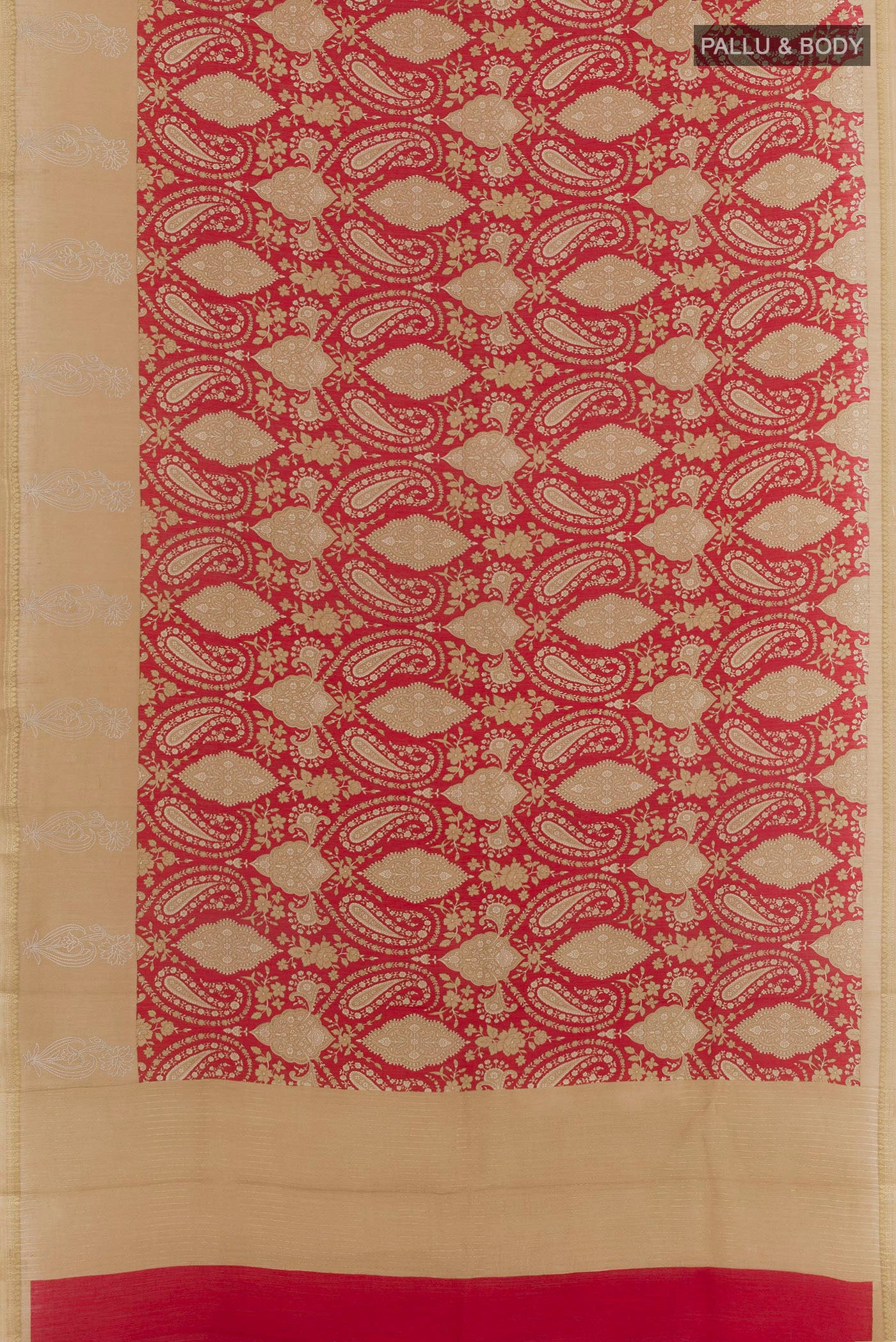 Flat view of Red Tussar Saree with Printed design on the body and Printed Border. 