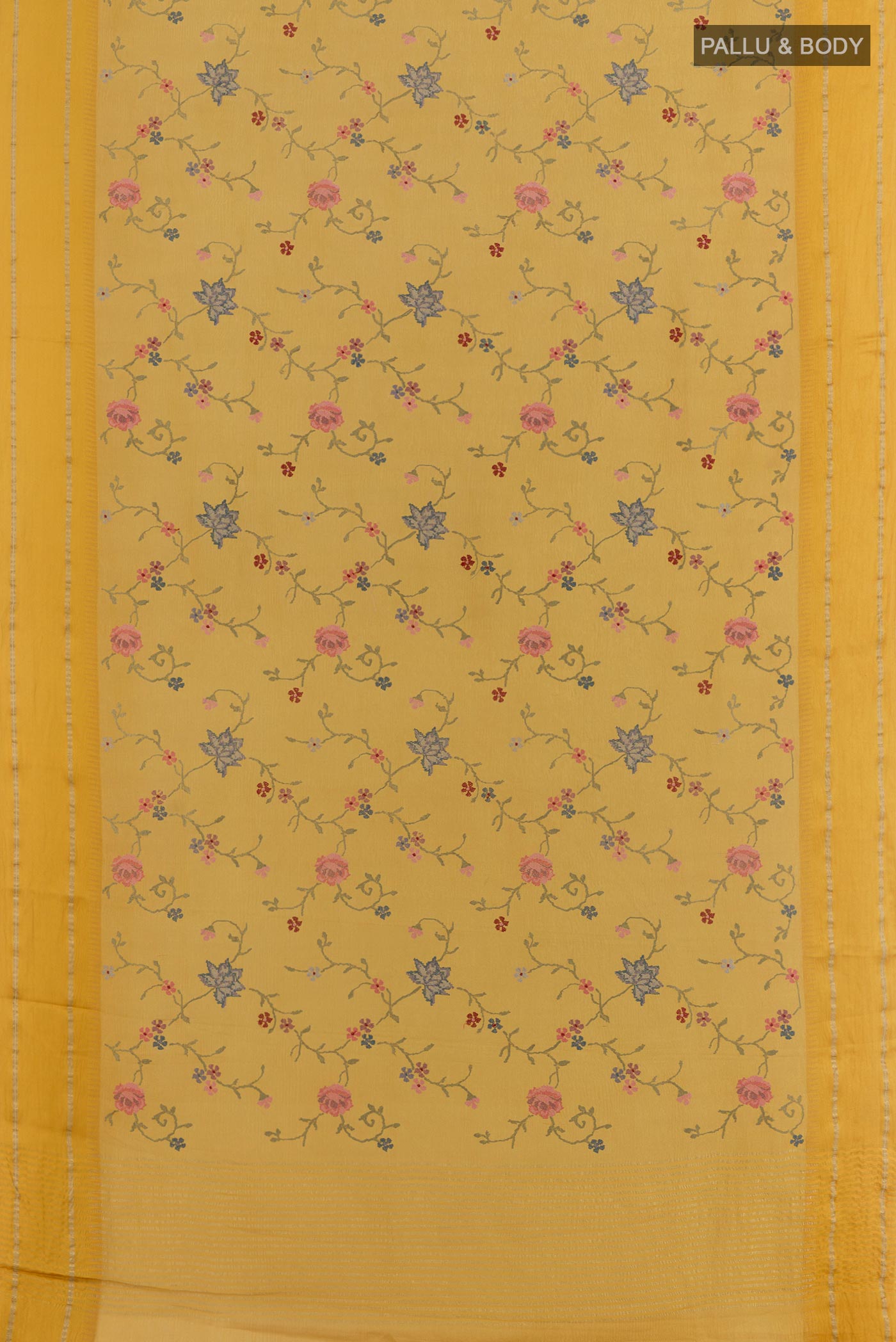 Flat view of Yellow Mysore Georgette Saree with Embroidery on the body and Zari Border. 