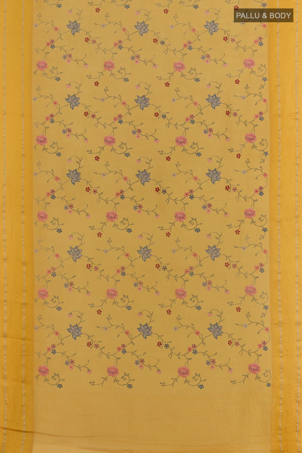 Flat view of Yellow Mysore Georgette Saree with Embroidery on the body and Zari Border. 