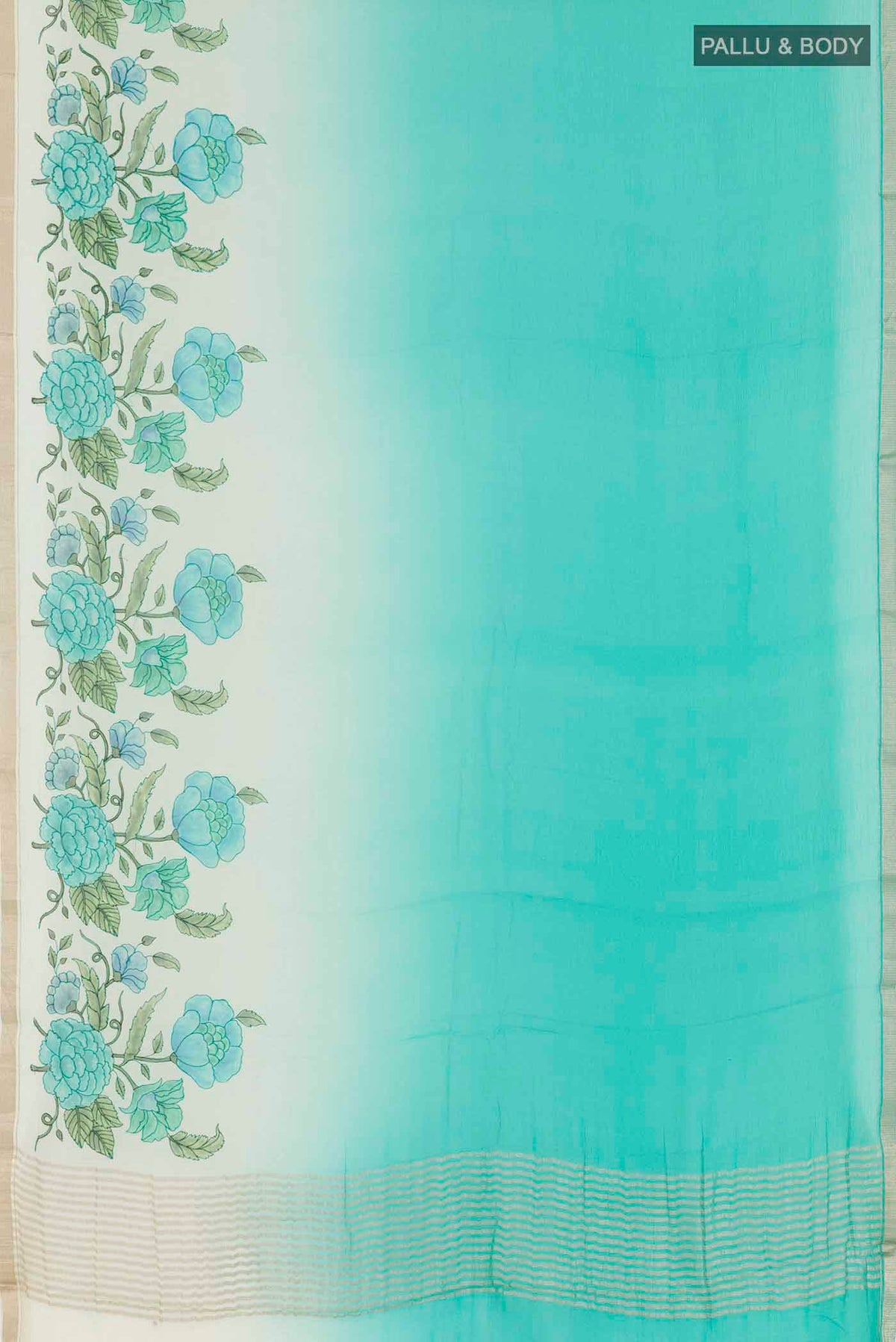 Flat view of Sea Green Mysore Chiffon Saree with Printed design on the body and Zari Border