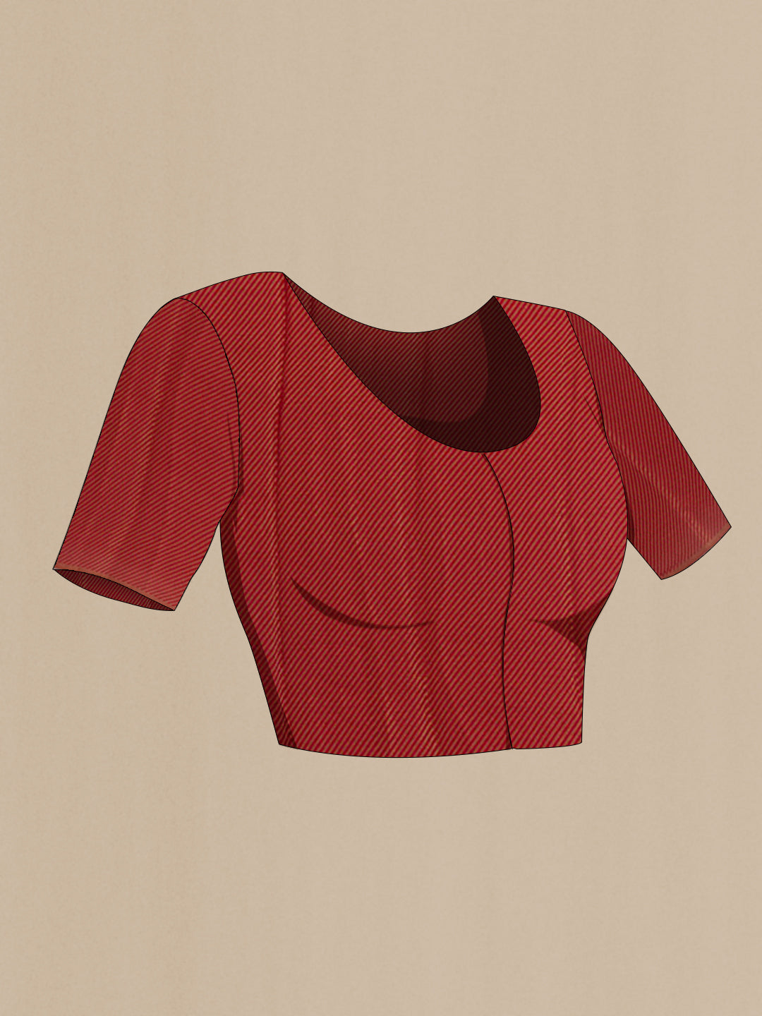 Close up image of the blouse of Red Mysore Chiffon Saree with Zari Butta on the body and Zari Border. 