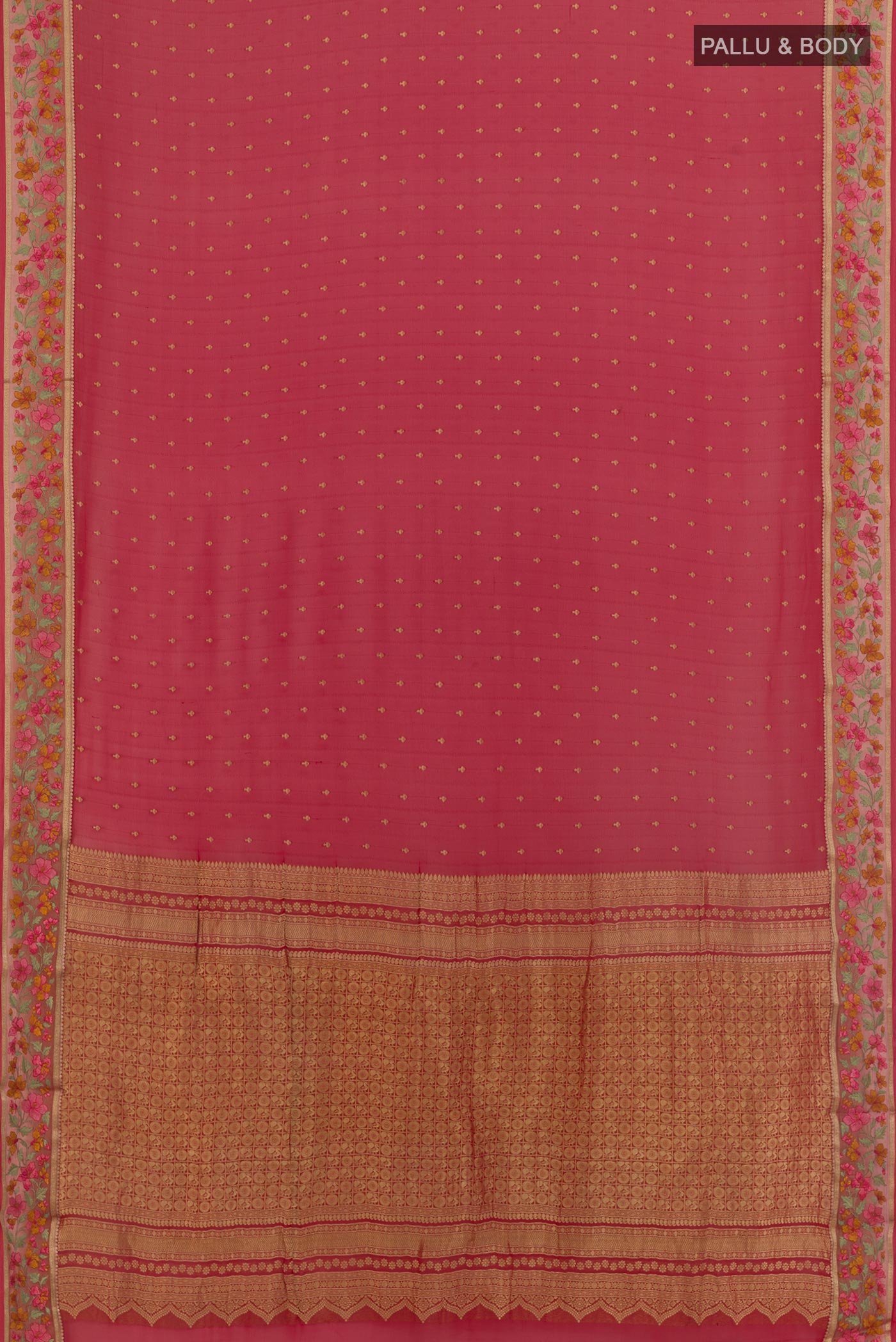Flat view of Red Mysore Chiffon Saree with Zari Butta on the body and Zari Border. 