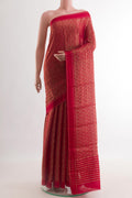 Red Mysore Crepe Saree with Zari Brocade on the body and Zari Border.  displayed on a mannequin