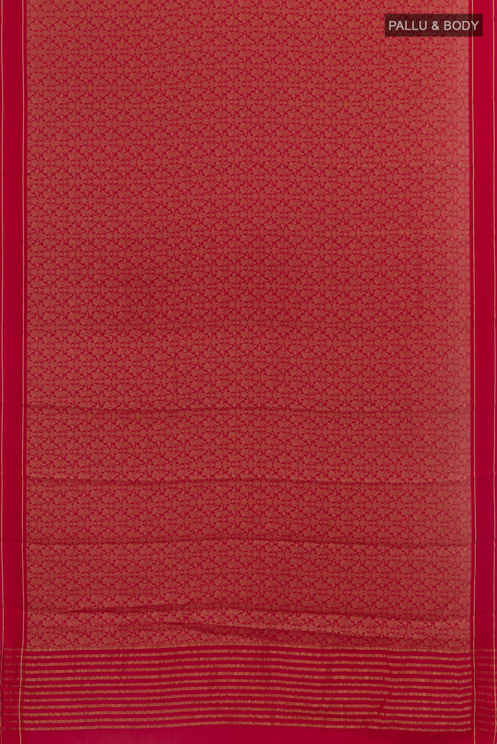 Flat view of Red Mysore Crepe Saree with Zari Brocade on the body and Zari Border. 