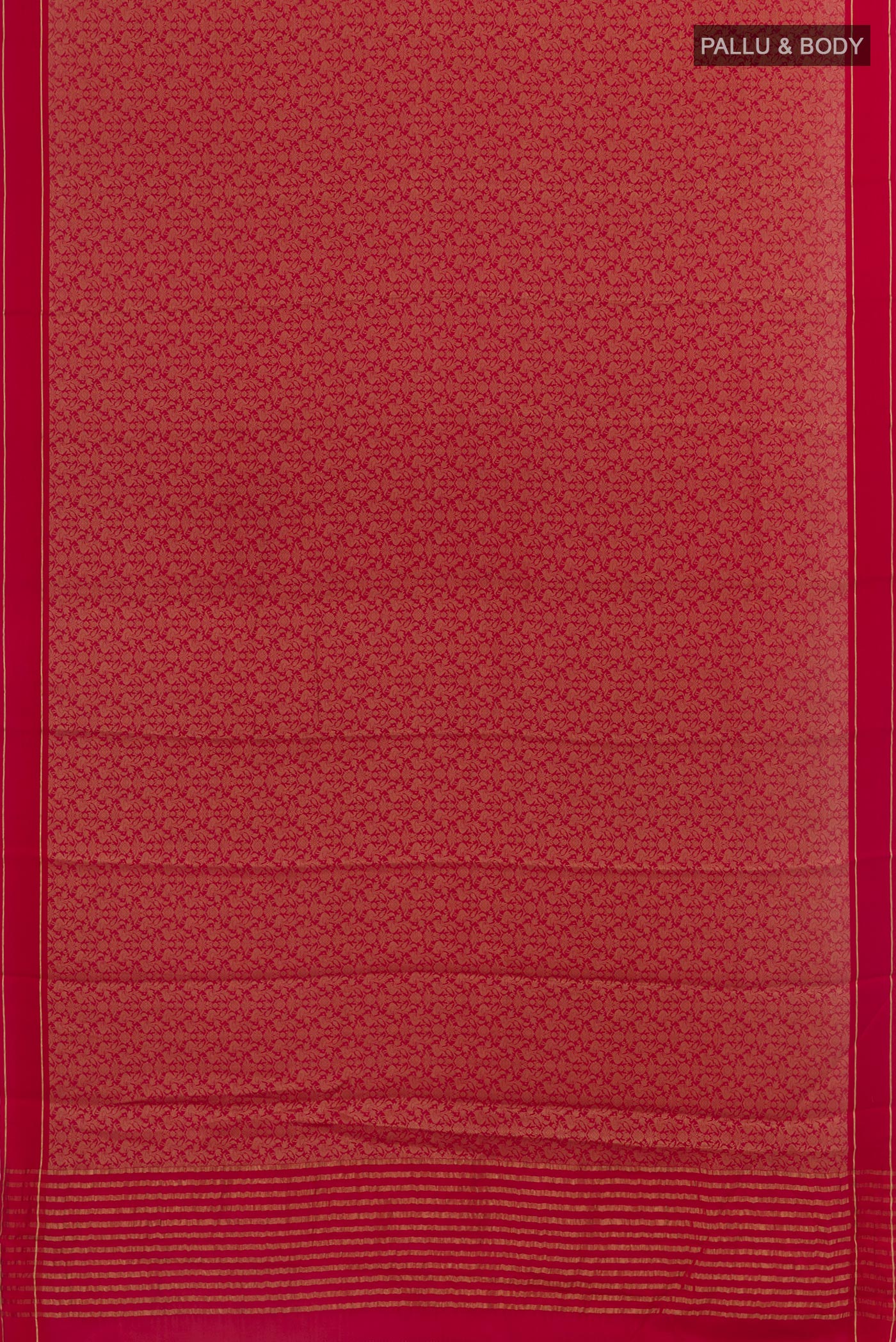 Flat view of Red Mysore Crepe Saree with Zari Brocade on the body and Zari Border. 