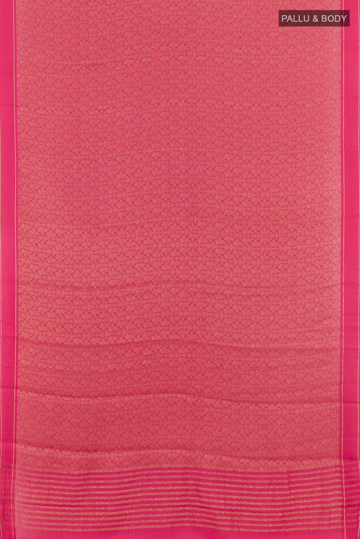 Flat view of Pink Mysore Crepe Saree with Zari Brocade on the body and Zari Border. 