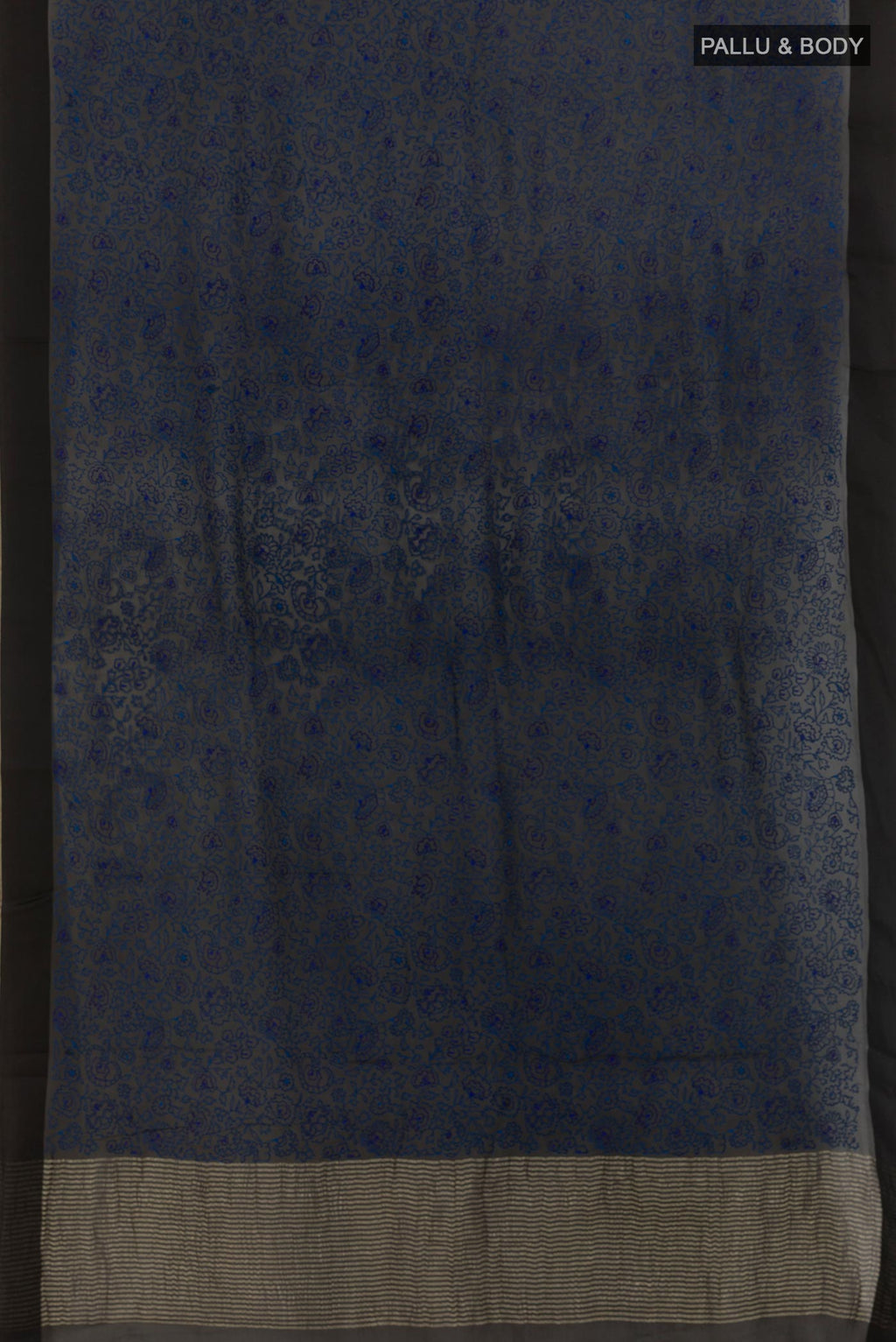 Flat view of Navy Blue Mysore Chiffon Saree with Embroidery on the body and Thread Border. 