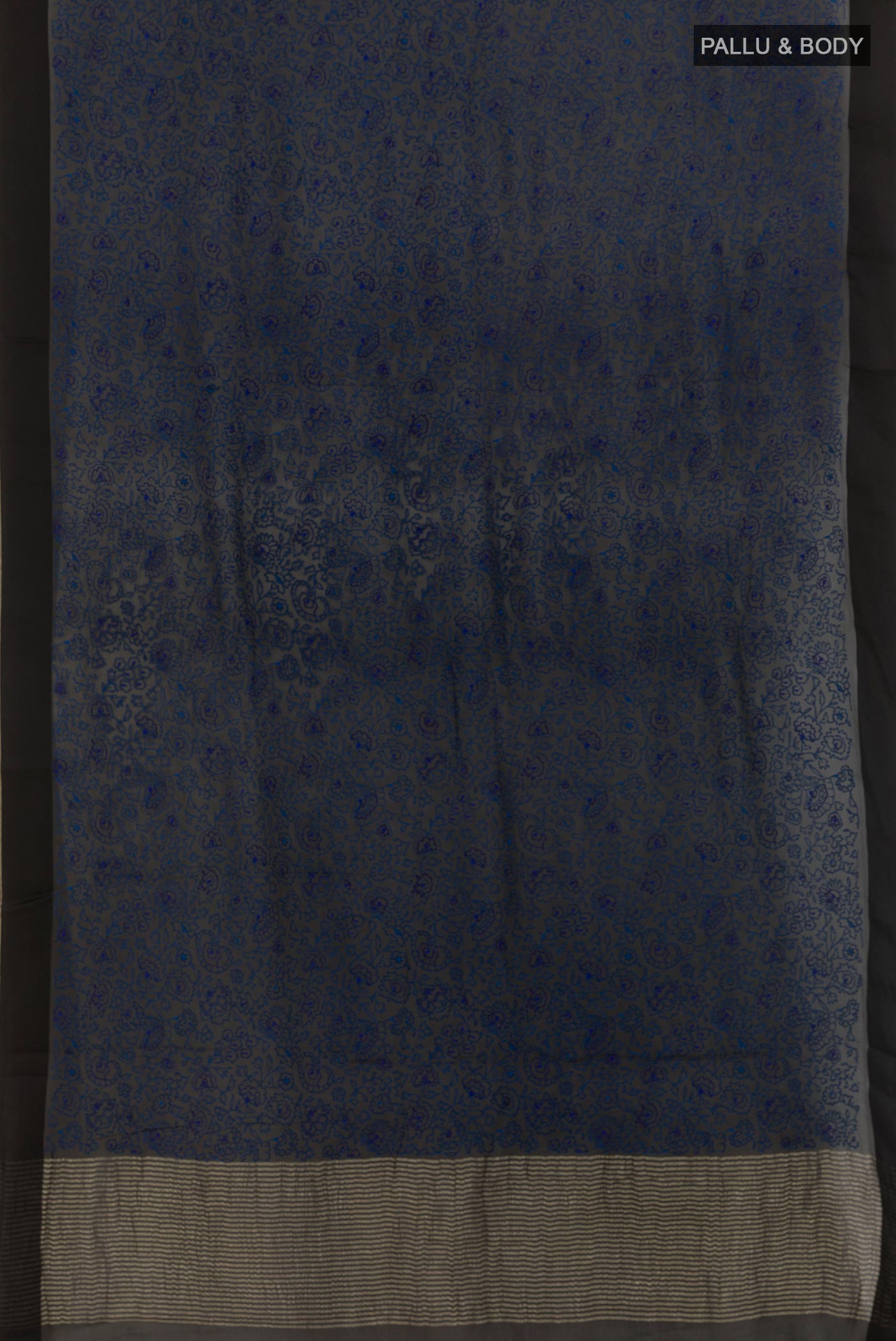 Flat view of Navy Blue Mysore Chiffon Saree with Embroidery on the body and Thread Border. 