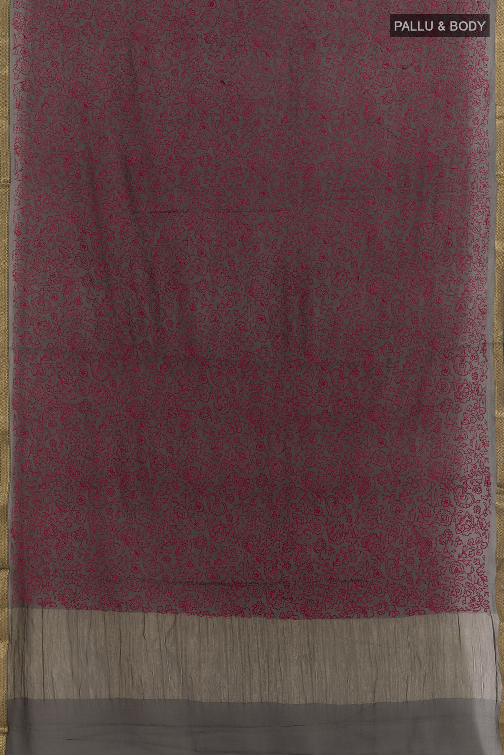 Flat view of Black Mysore Chiffon Saree with Embroidery on the body and Zari Border. 