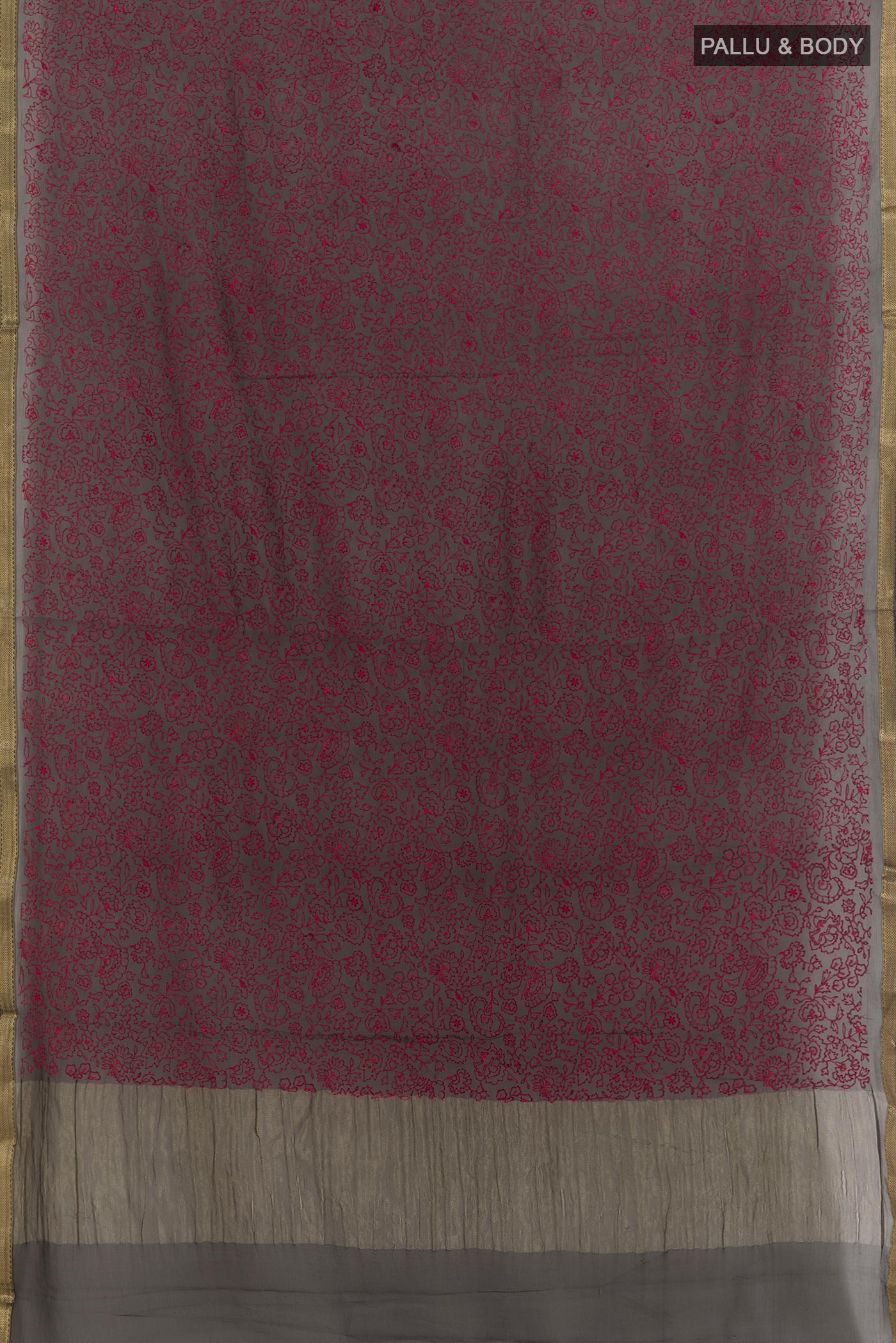 Flat view of Black Mysore Chiffon Saree with Embroidery on the body and Zari Border. 