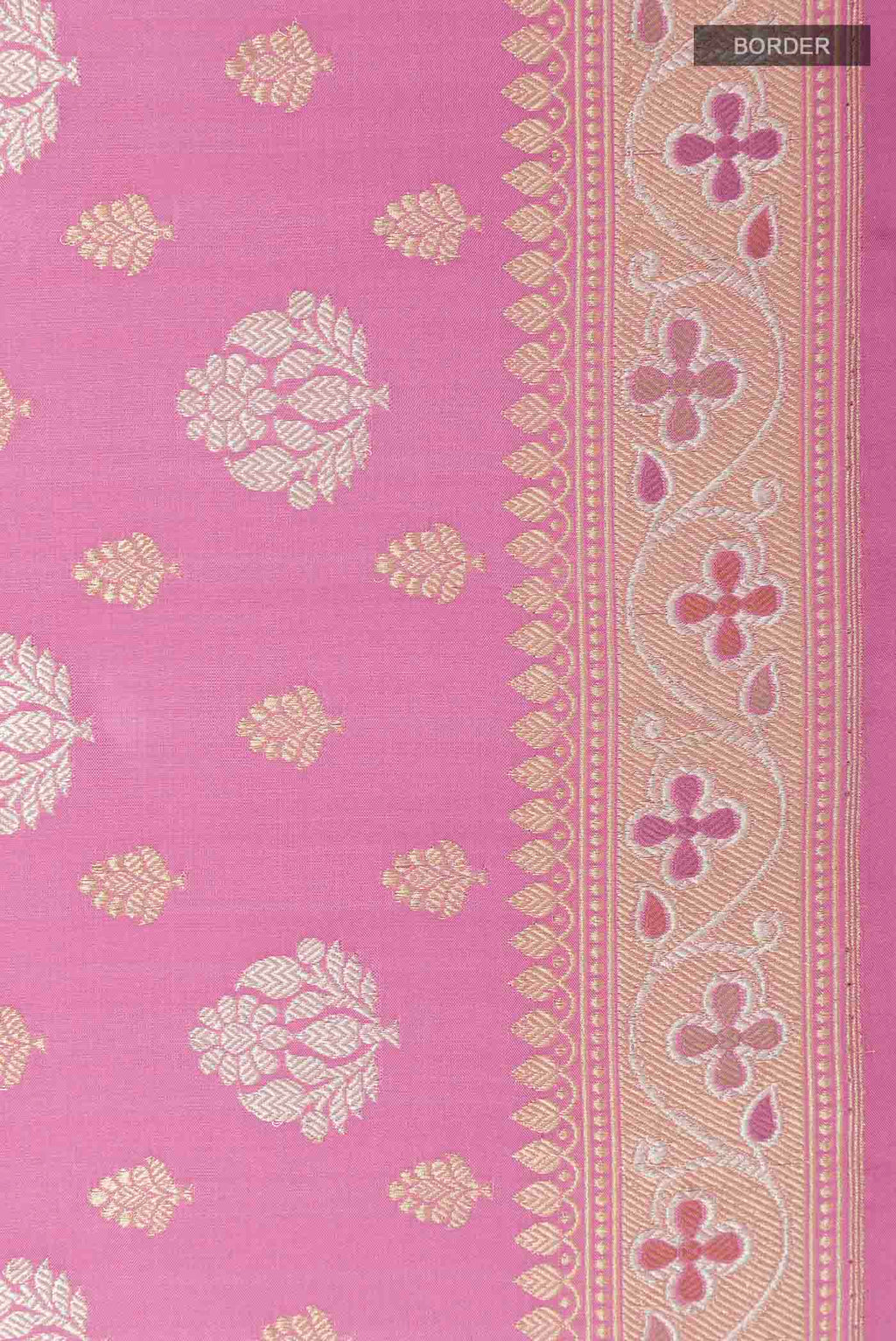 Border image of Pink Banarasi Silk Saree with Zari Brocade on the body and Zari Border