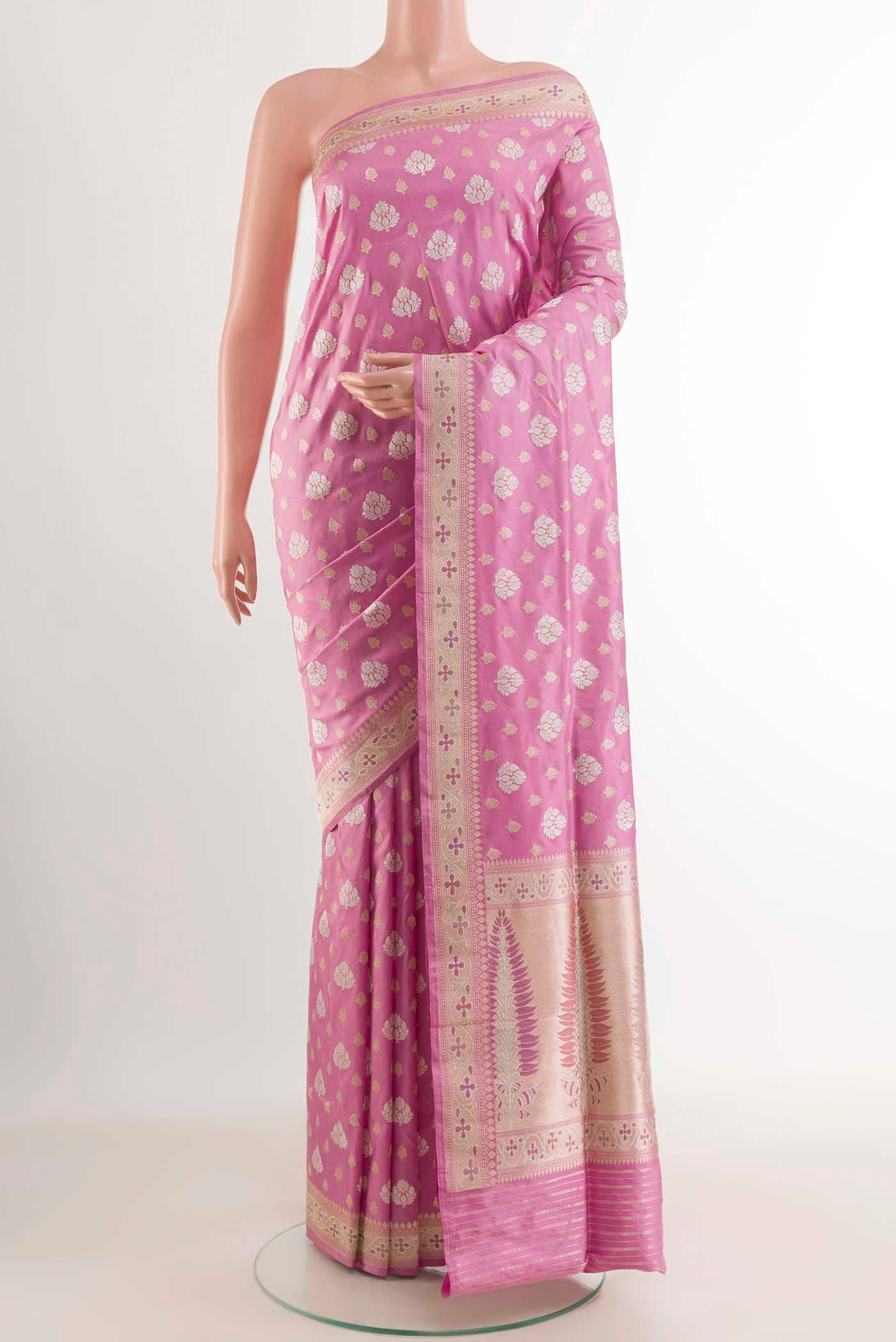 Pink Banarasi Silk Saree with Zari Brocade on the body and Zari Border displayed on a mannequin